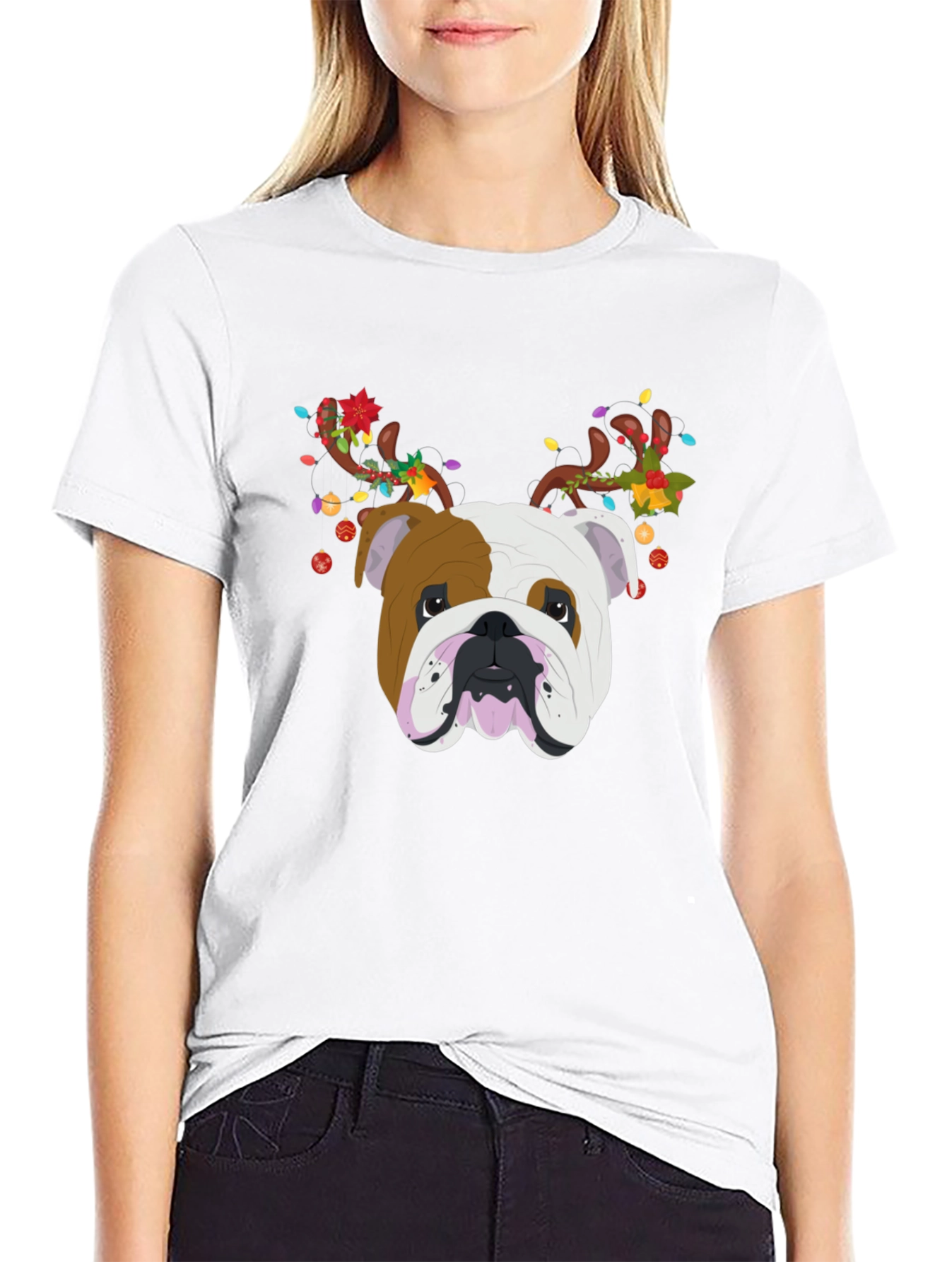 Bulldog Christmas Antlers T-Shirt