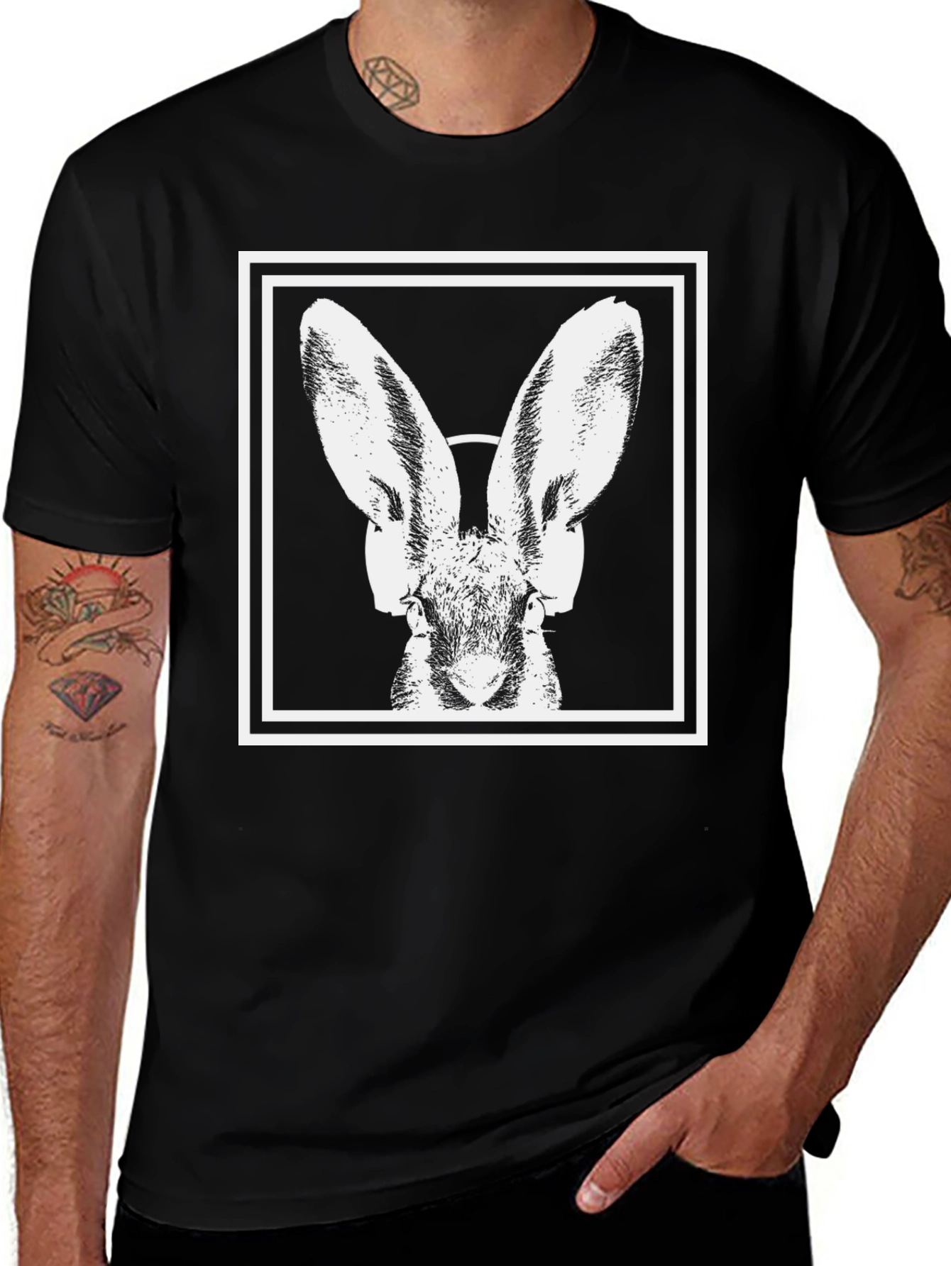 Rabbit Headphone Graphic Tee - Modern Black T-Shirt