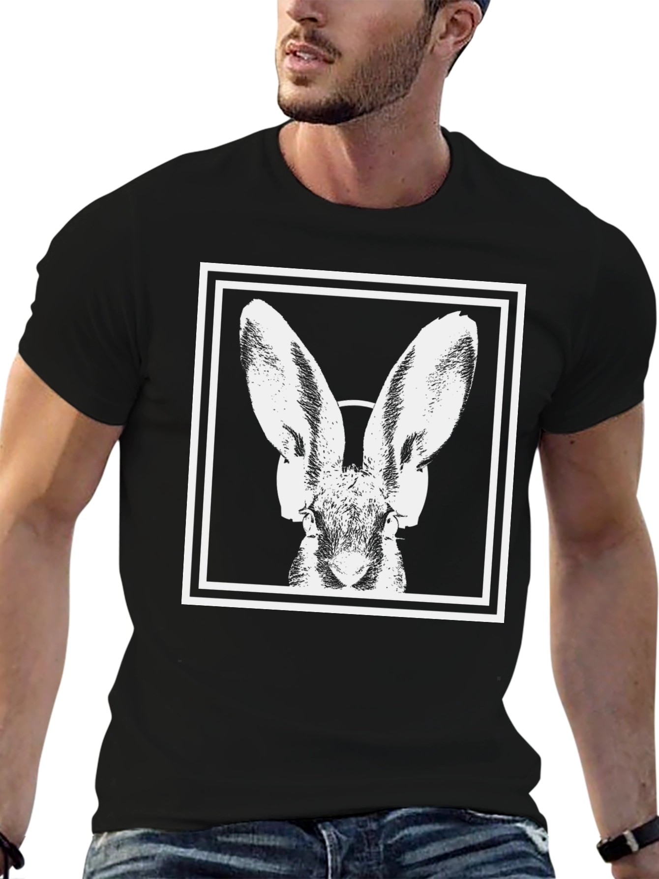 Rabbit Headphone Graphic Tee - Modern Black T-Shirt
