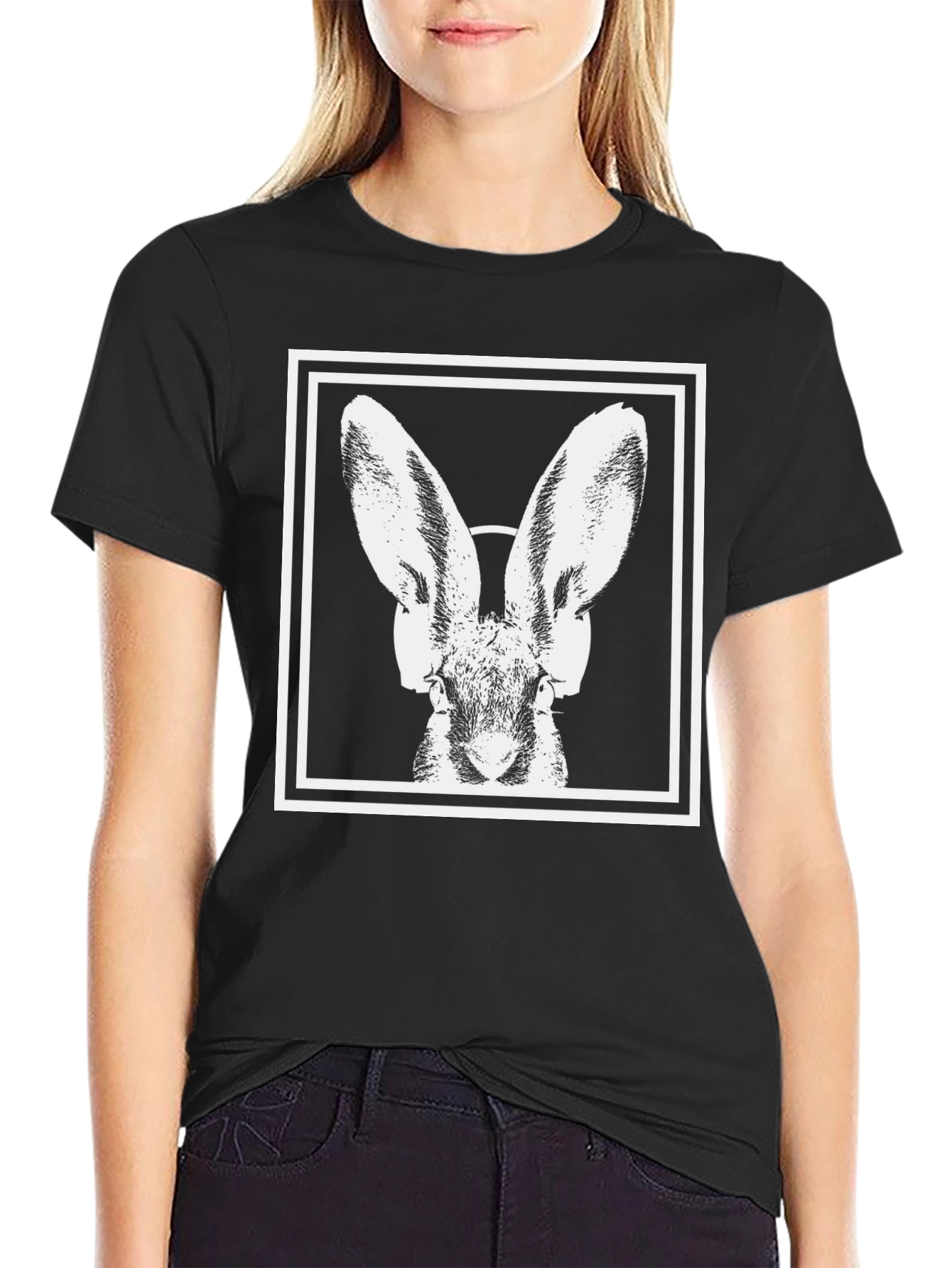 Rabbit Headphone Graphic Tee - Modern Black T-Shirt