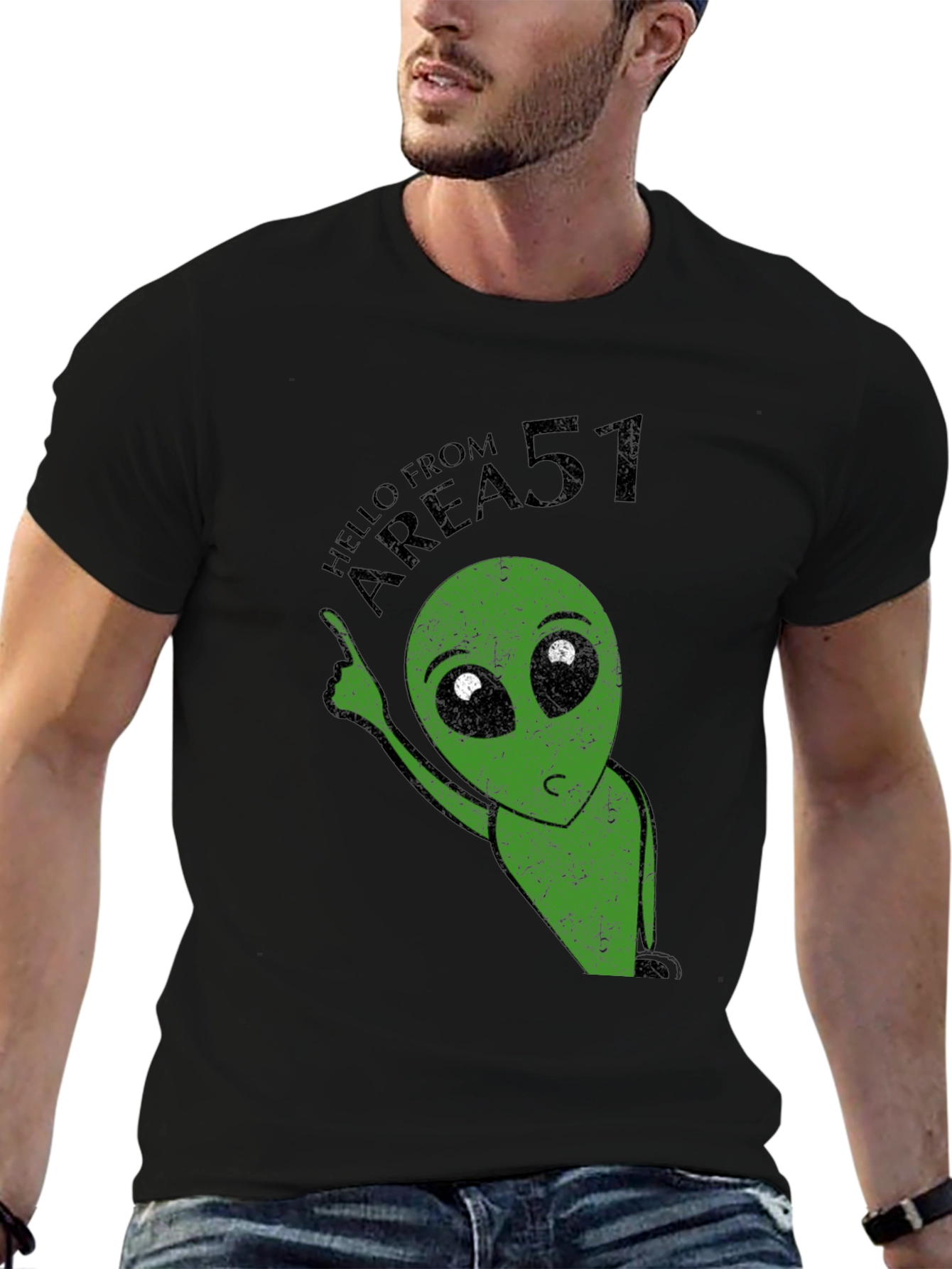 Area 51 Alien Graphic Print Black T-Shirt