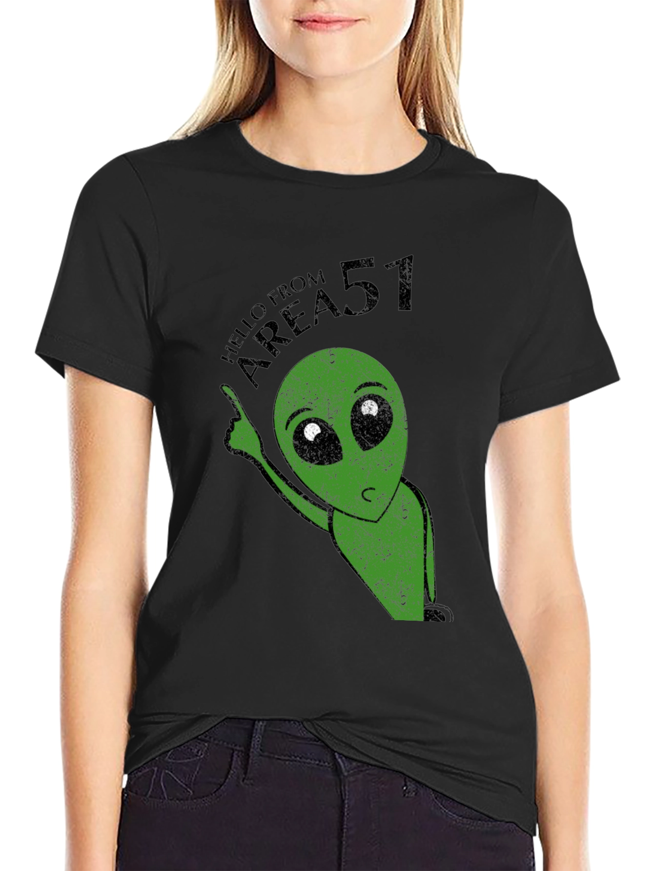 Area 51 Alien Graphic Print Black T-Shirt