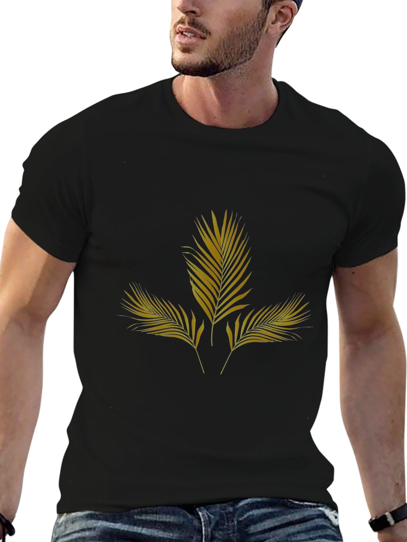 Mens Black T-Shirt with Gold Palm Leaf Design