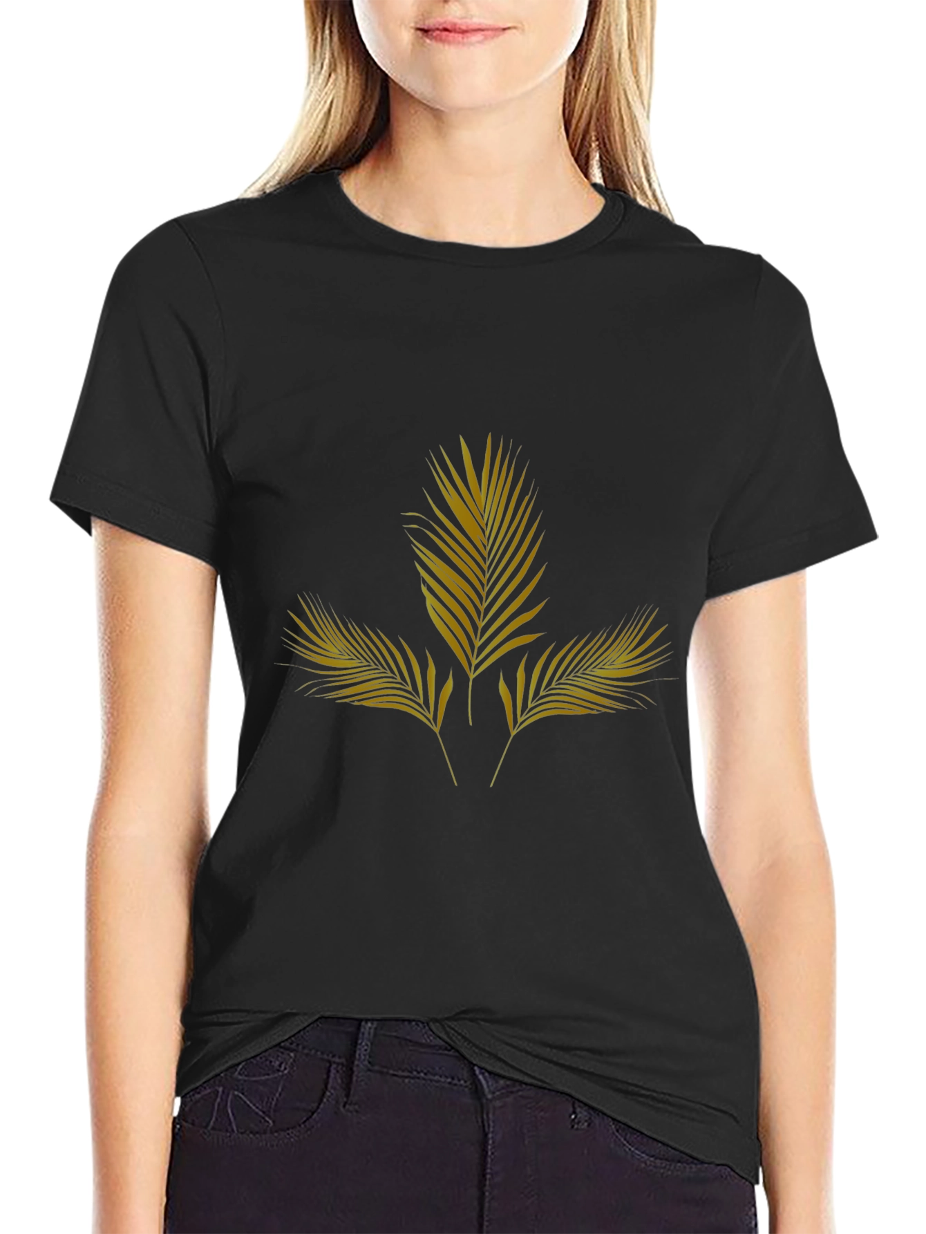 Mens Black T-Shirt with Gold Palm Leaf Design