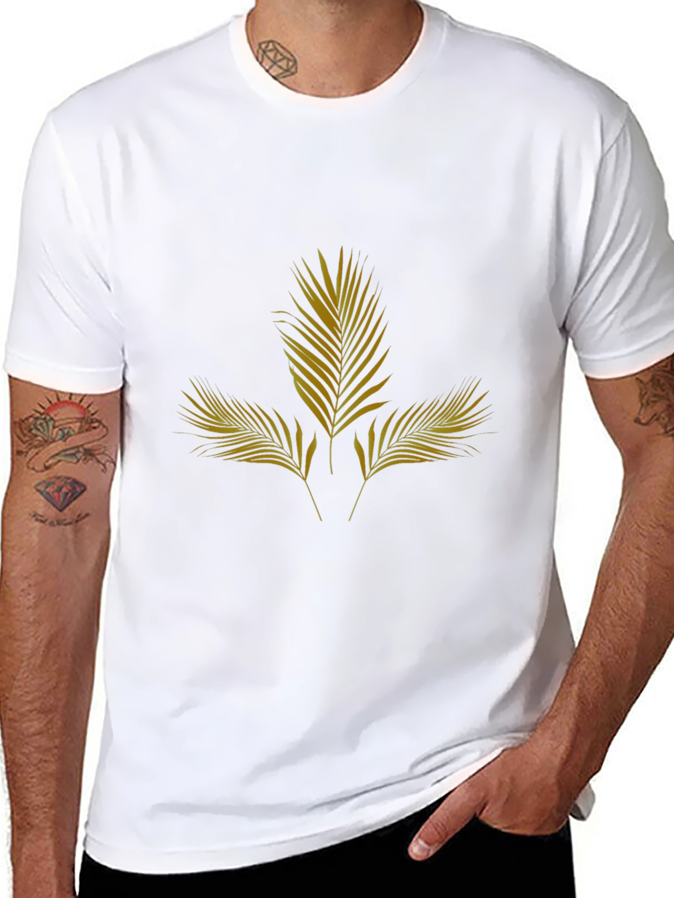 Mens Black T-Shirt with Gold Palm Leaf Design