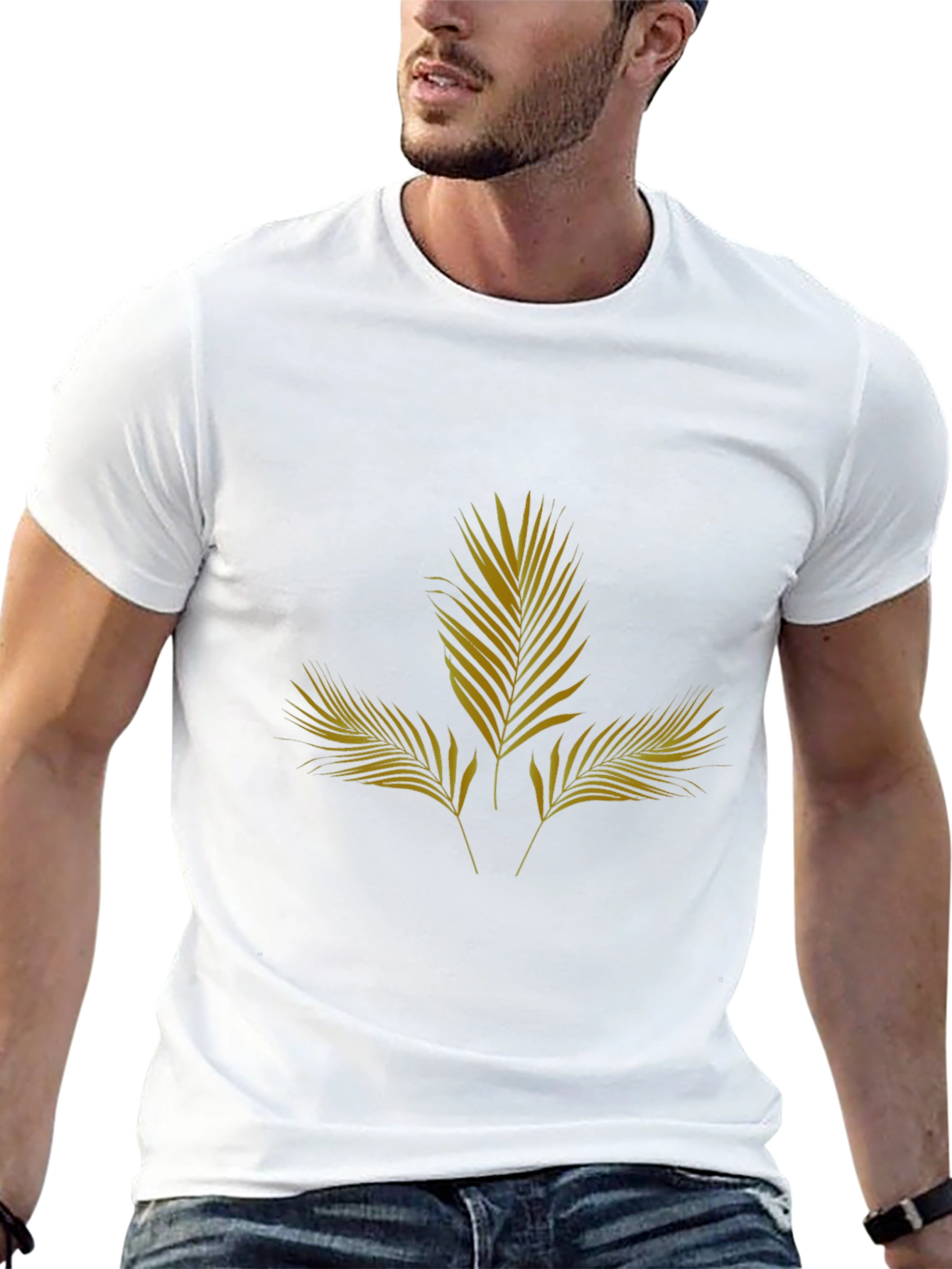 Mens Black T-Shirt with Gold Palm Leaf Design