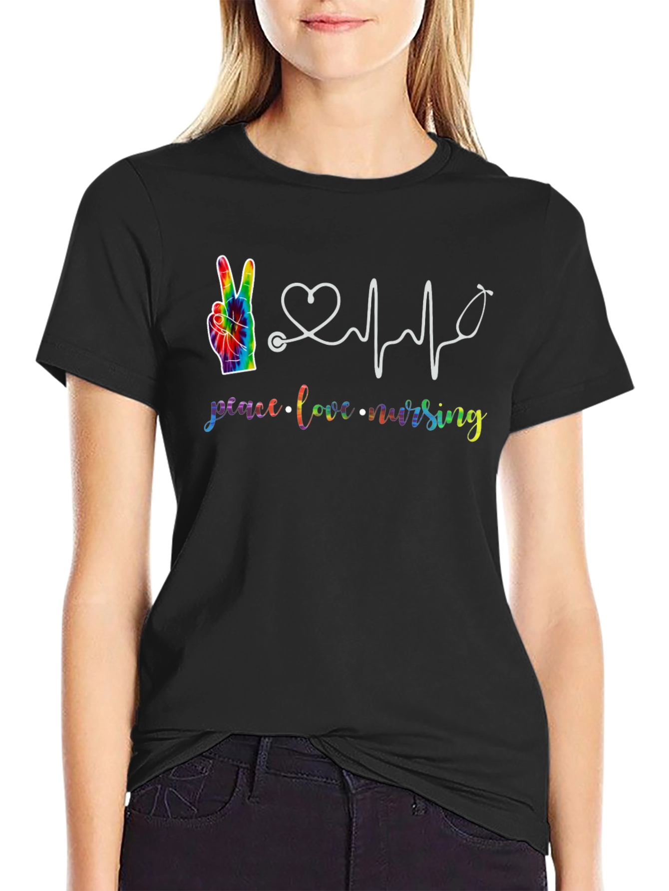 Peace Love Nursing T-Shirt Rainbow Tie-Dye Black