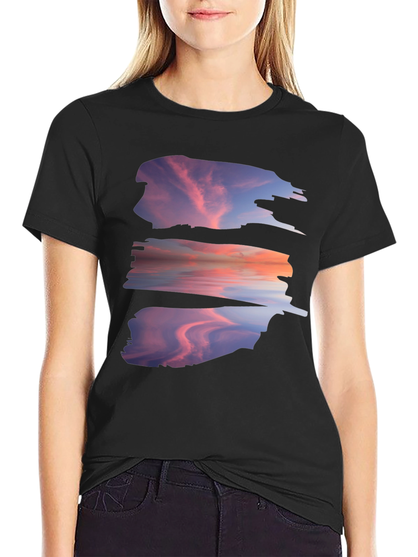 Sunset Reflection Graphic Tee - Black Cotton Blend