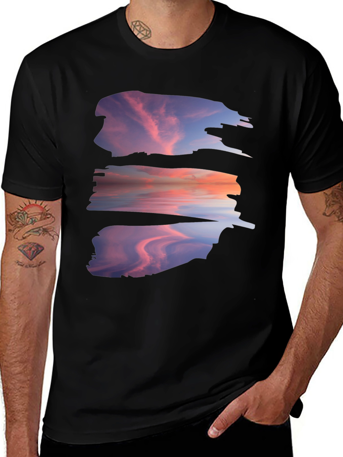 Sunset Reflection Graphic Tee - Black Cotton Blend