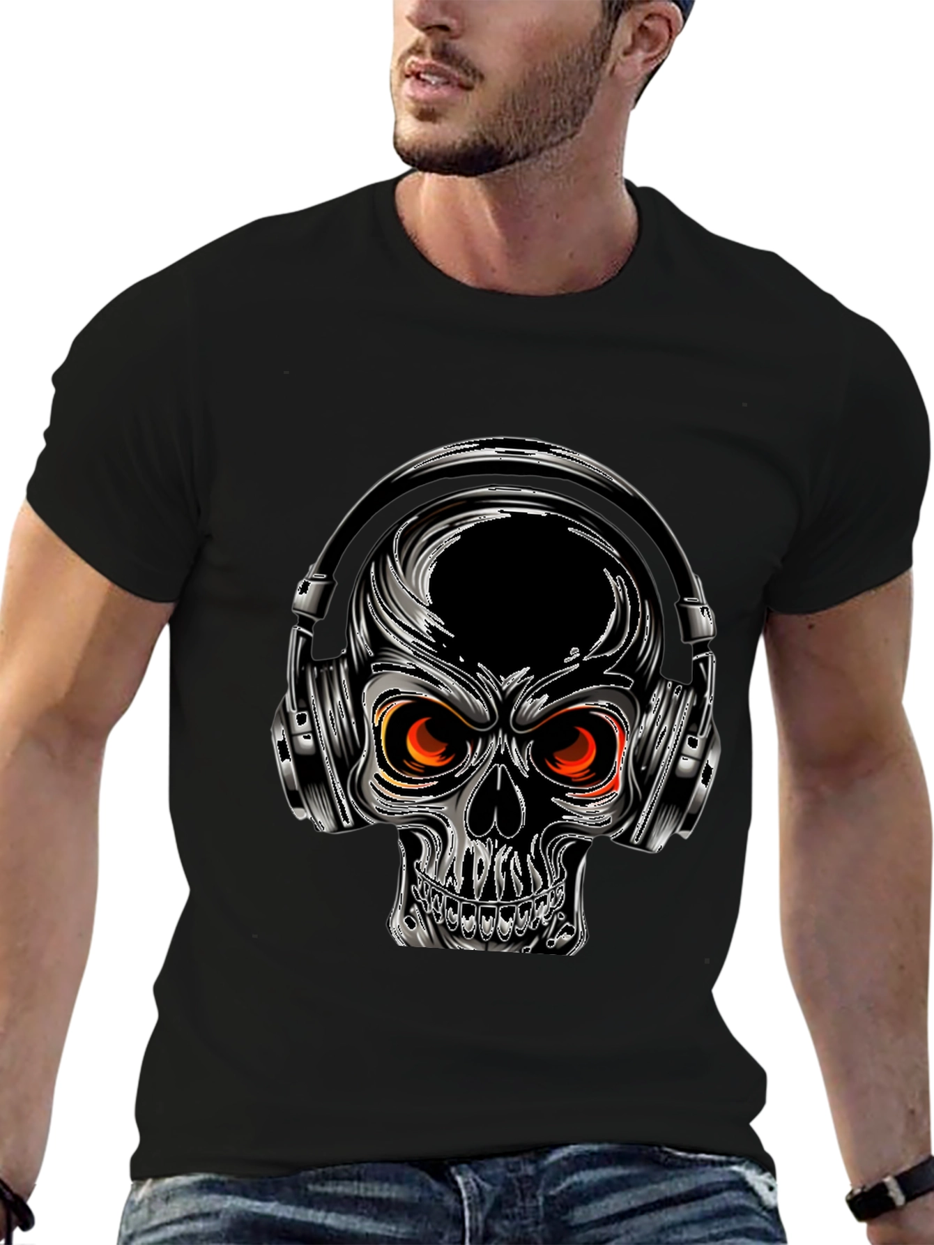 Skull with Headphones Graphic Tee - Black