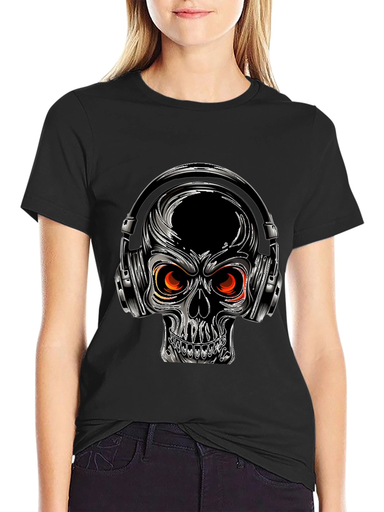 Skull with Headphones Graphic Tee - Black