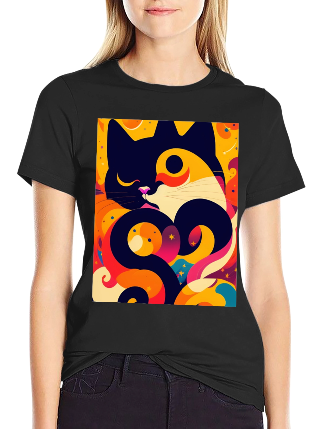 Abstract Cat Graphic Tee - Artistic Style