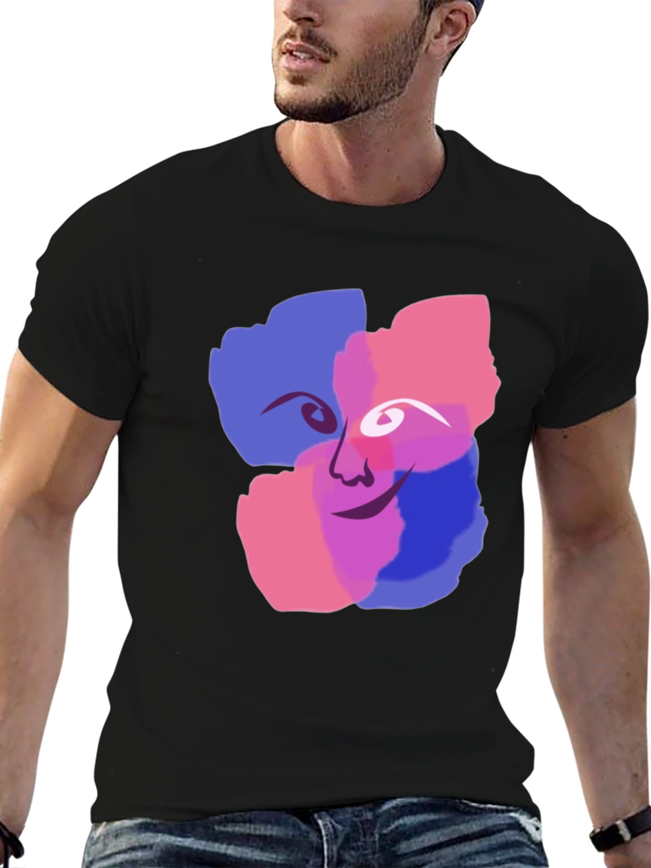 Abstract Face Graphic Print Black T-Shirt