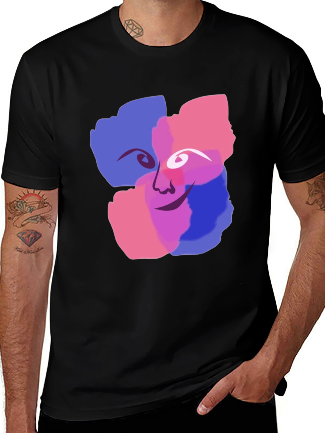 Abstract Face Graphic Print Black T-Shirt