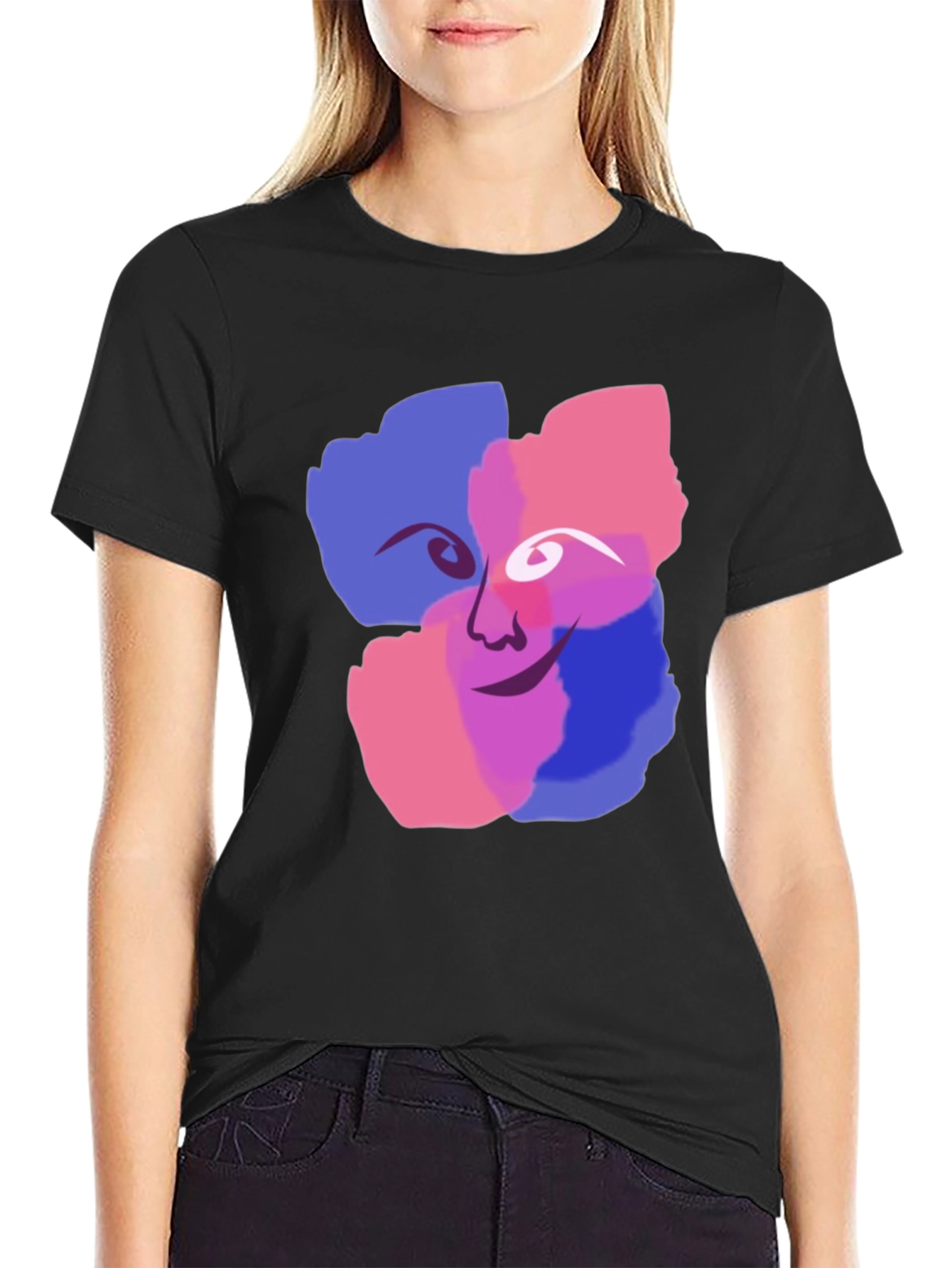 Abstract Face Graphic Print Black T-Shirt