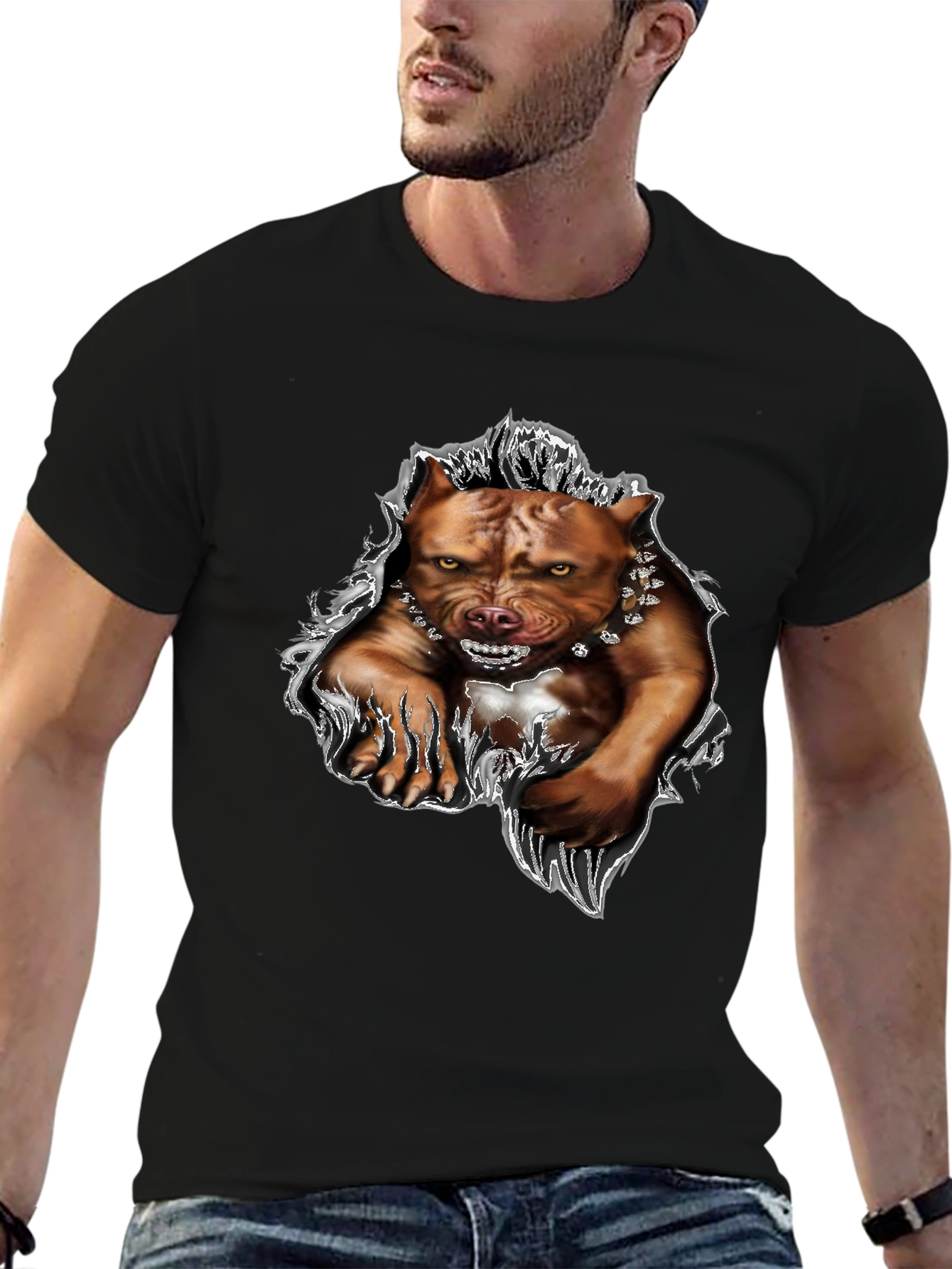 Mens Black Pitbull Graphic Tee - Fierce Dog Design