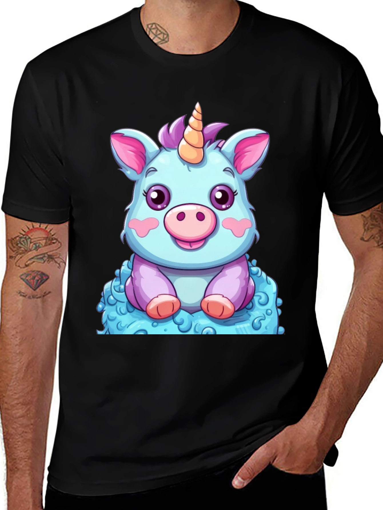 Cute Unicorn Cartoon Graphic Black T-Shirt
