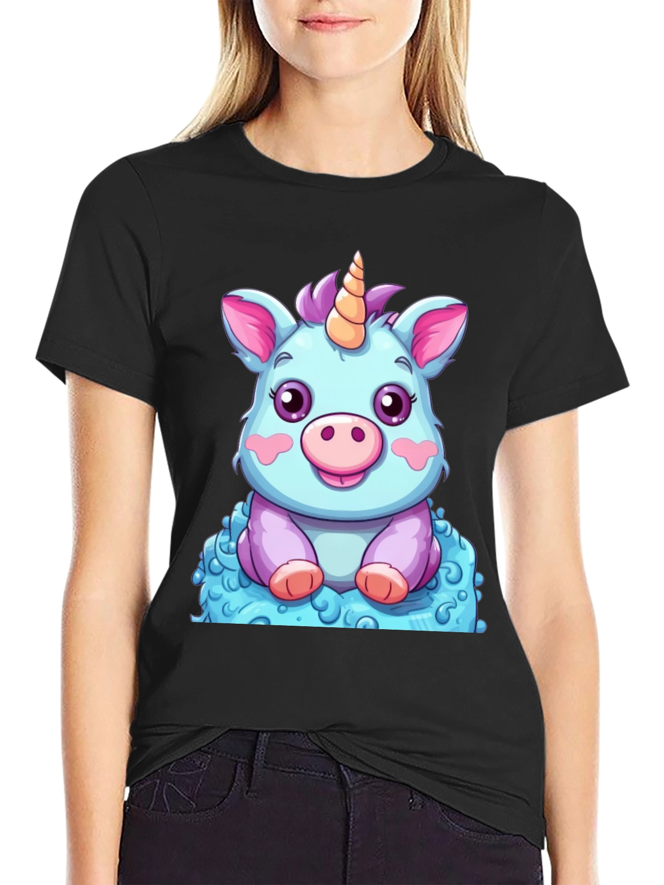 Cute Unicorn Cartoon Graphic Black T-Shirt