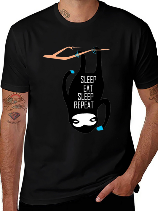 Sleep Eat Repeat Sloth Graphic Tee - Black Cotton Casual T-Shirt