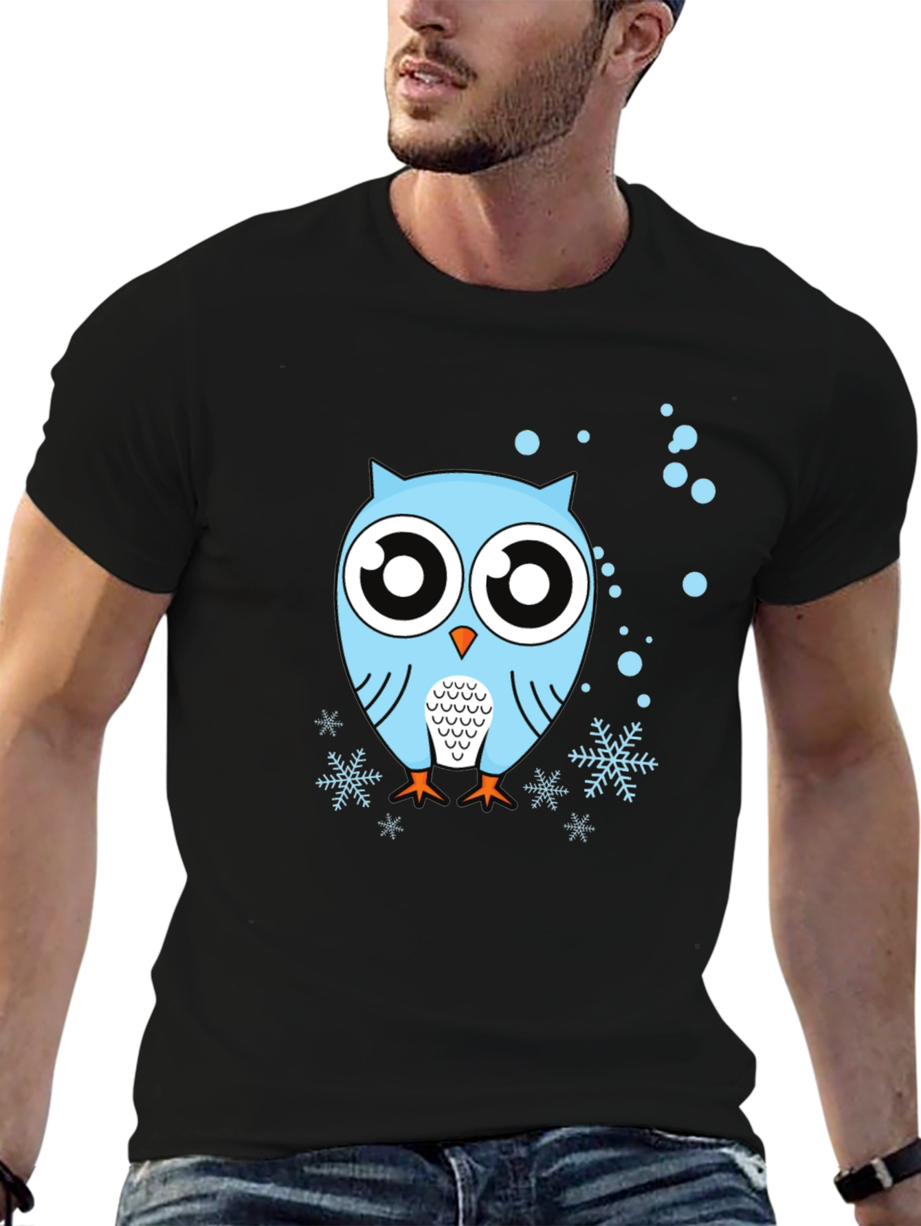 Owl Graphic Tee - Black Crew Neck Cotton Shirt