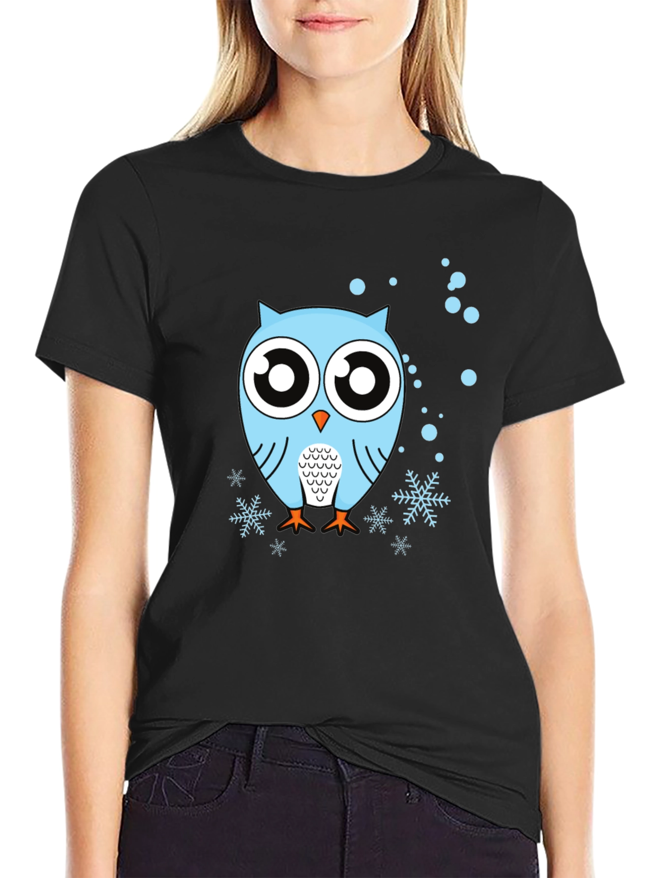 Owl Graphic Tee - Black Crew Neck Cotton Shirt