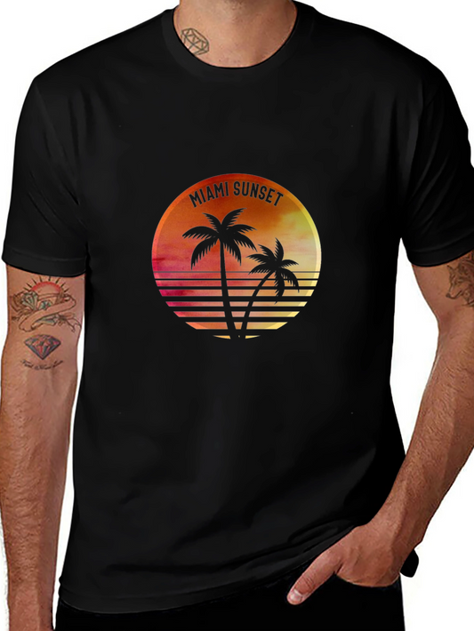Miami Sunset Palm Tree Graphic Tee - Black Cotton T-Shirt