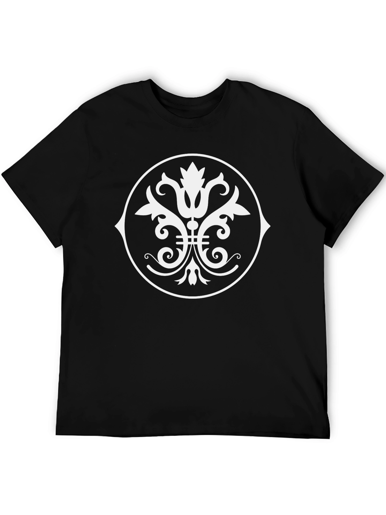 Black T-Shirt with White Ornamental Circle Design