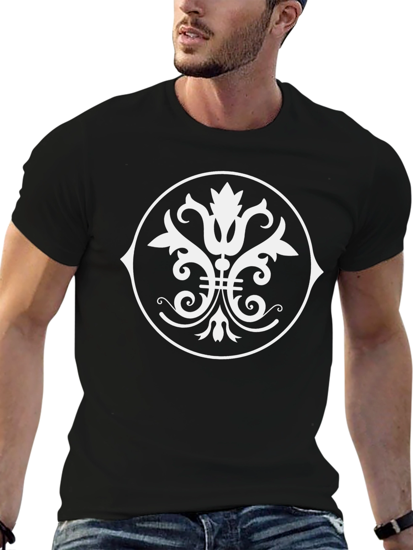 Black T-Shirt with White Ornamental Circle Design