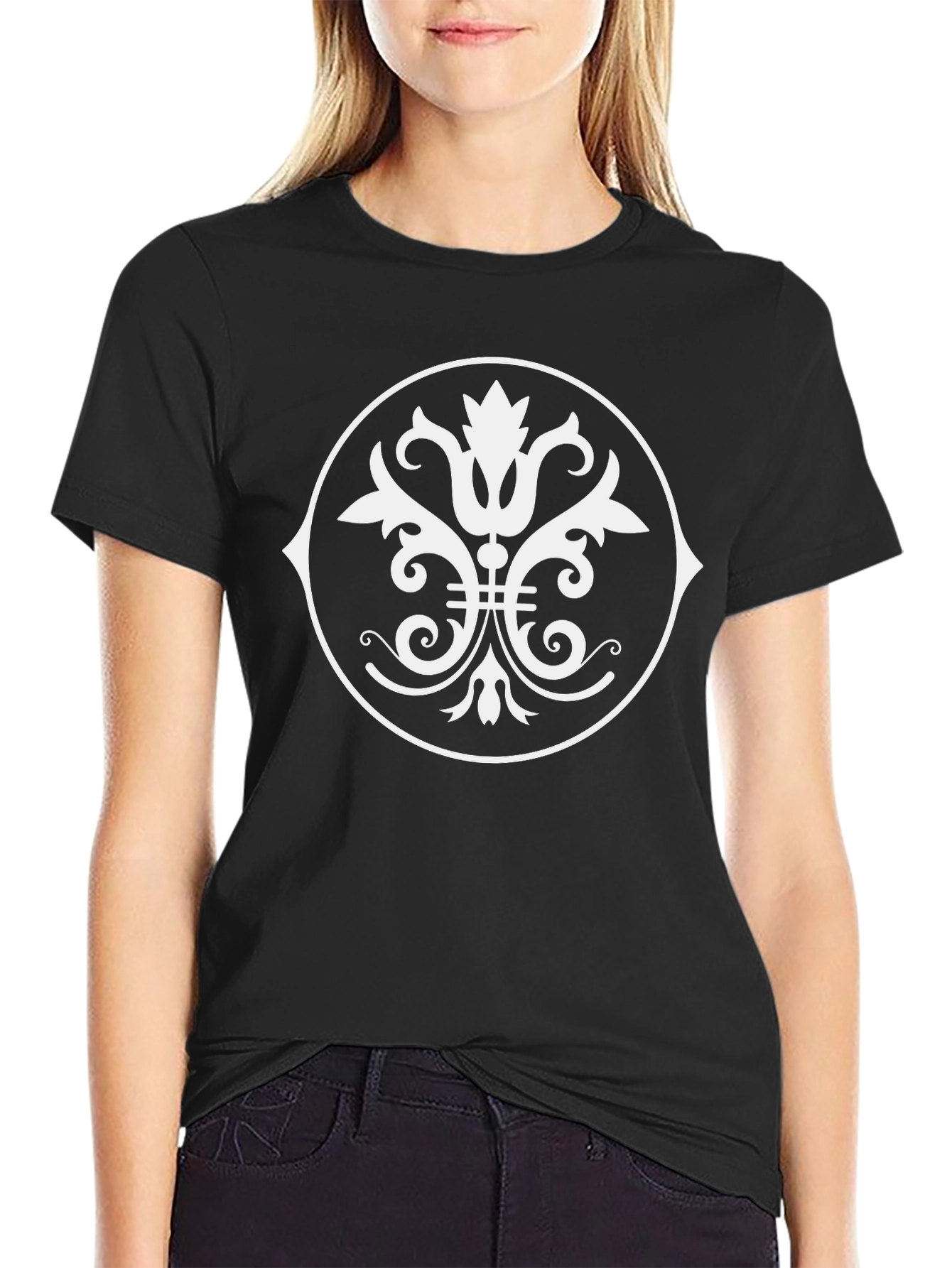 Black T-Shirt with White Ornamental Circle Design