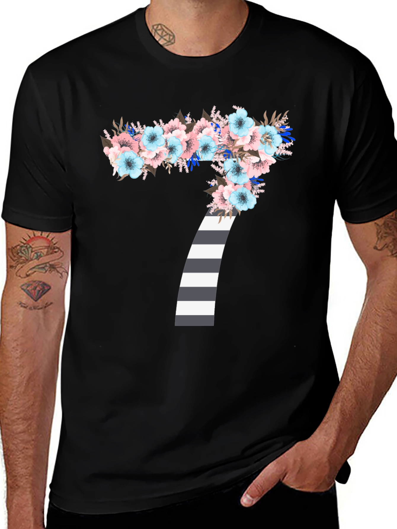 Floral Number 7 Striped Graphic Tee