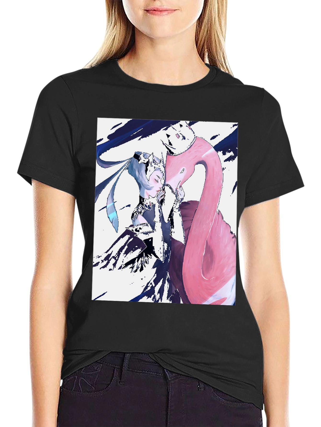 Anime Girl & Flamingo Graphic T-Shirt