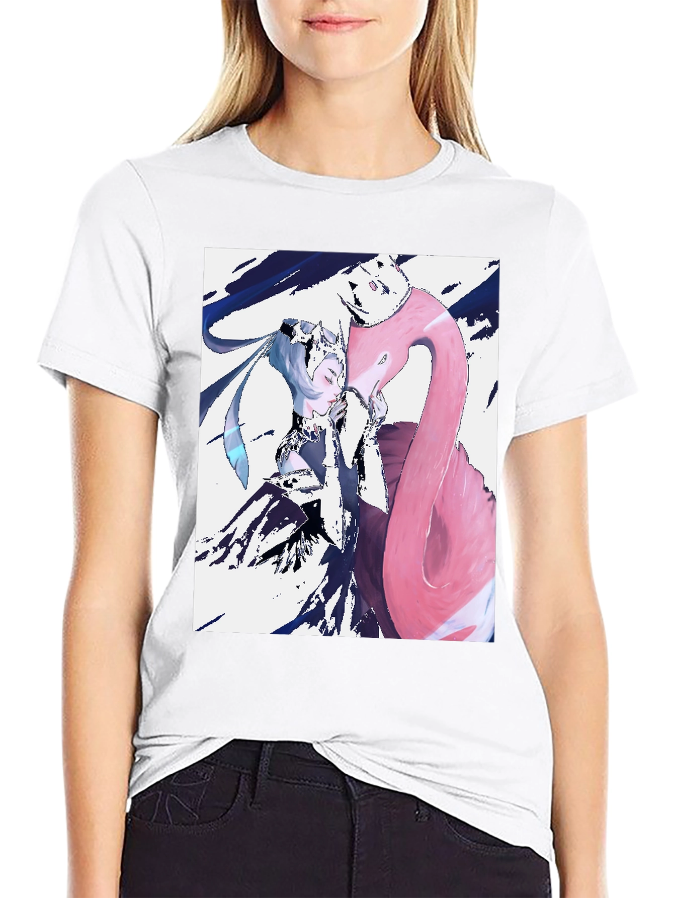 Anime Girl & Flamingo Graphic T-Shirt