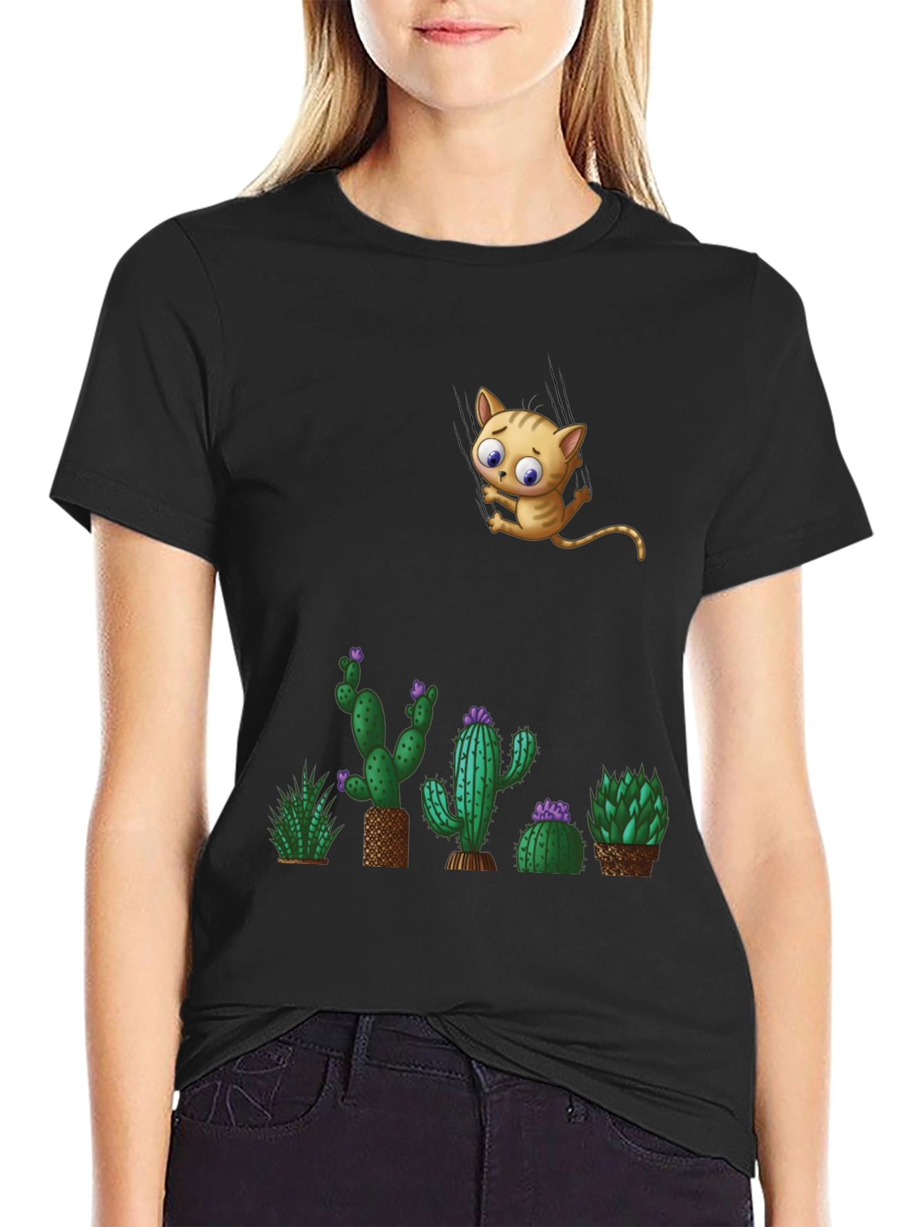 Cute Cat & Cactus T-Shirt - Unique Graphic Tee