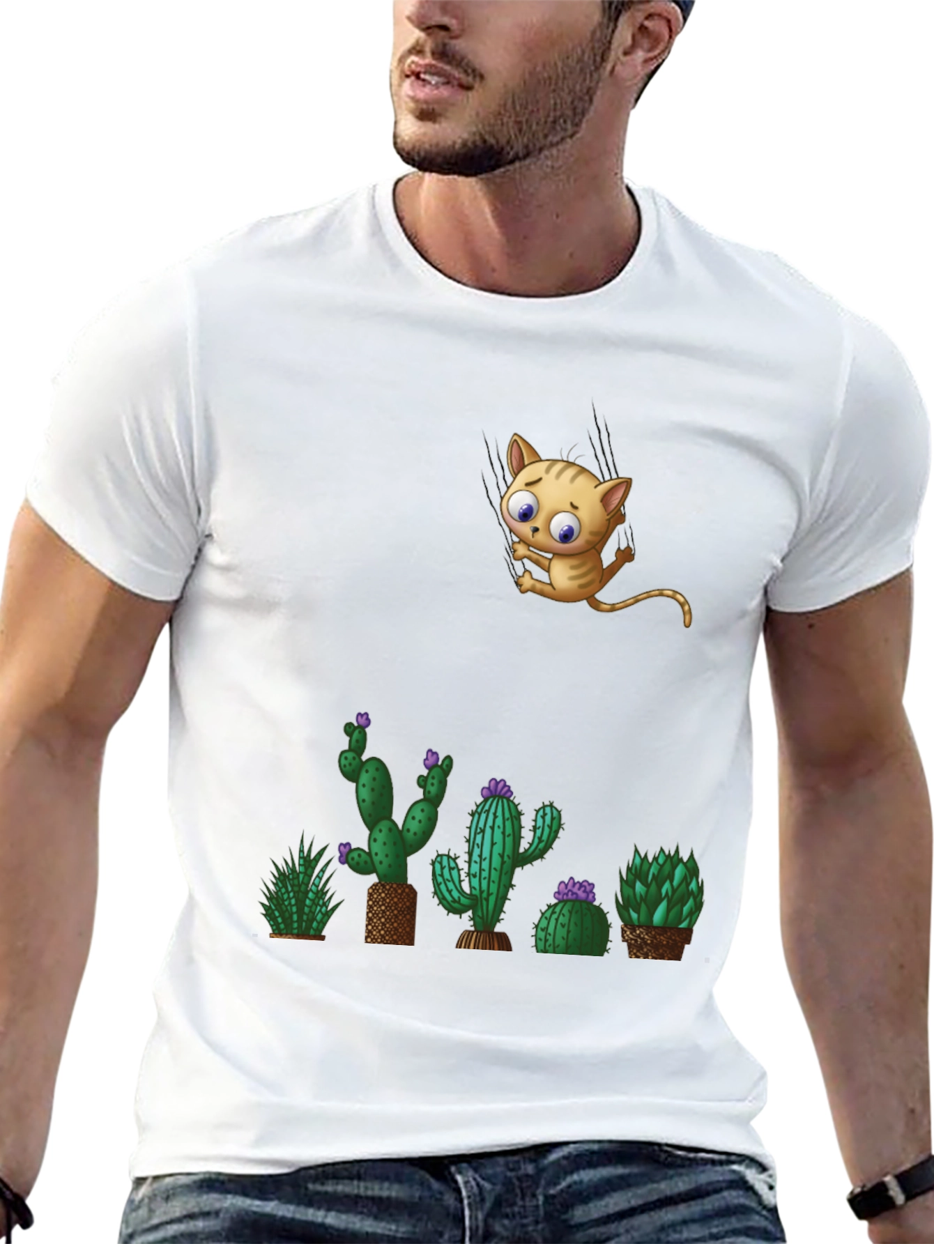 Cute Cat & Cactus T-Shirt - Unique Graphic Tee