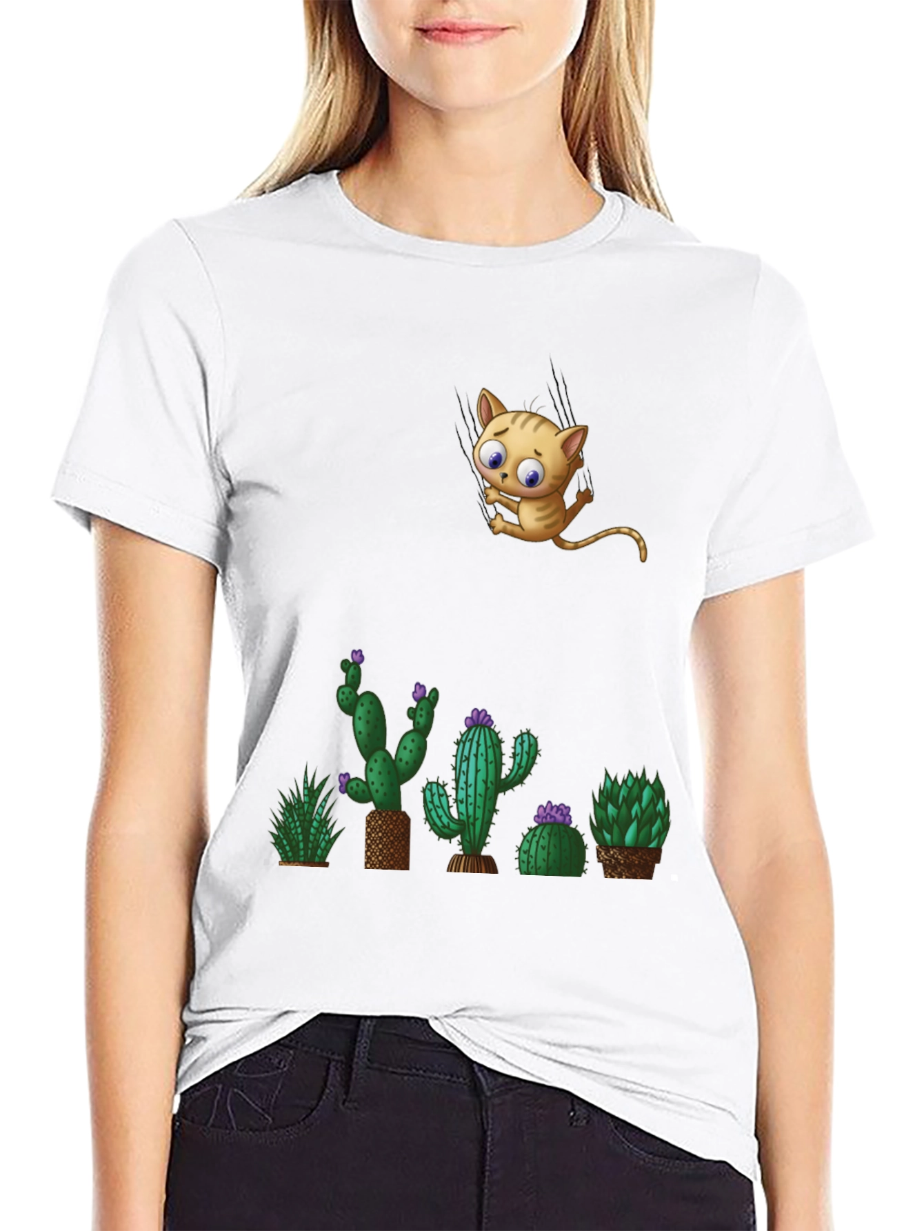 Cute Cat & Cactus T-Shirt - Unique Graphic Tee