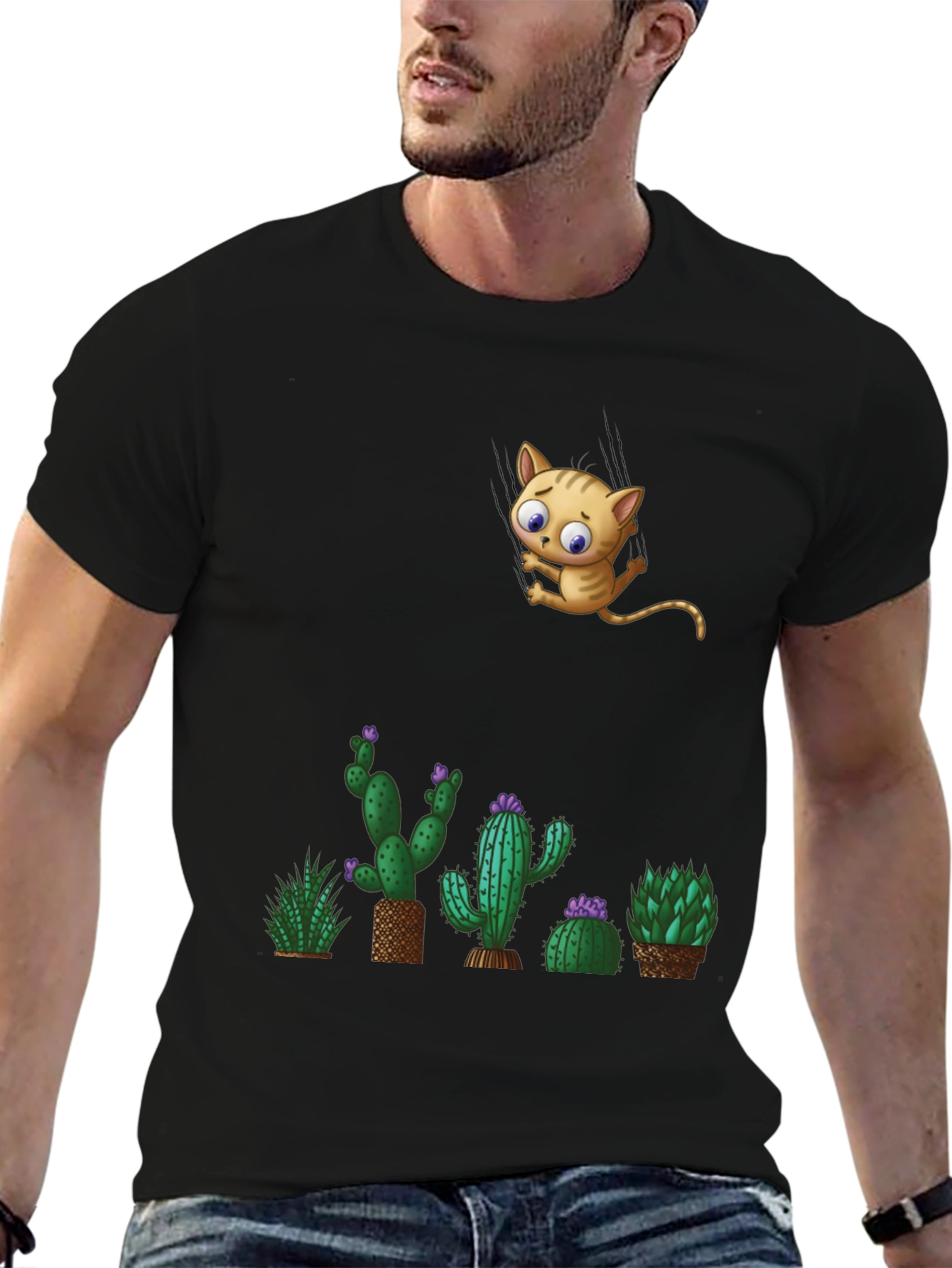 Cute Cat & Cactus T-Shirt - Unique Graphic Tee