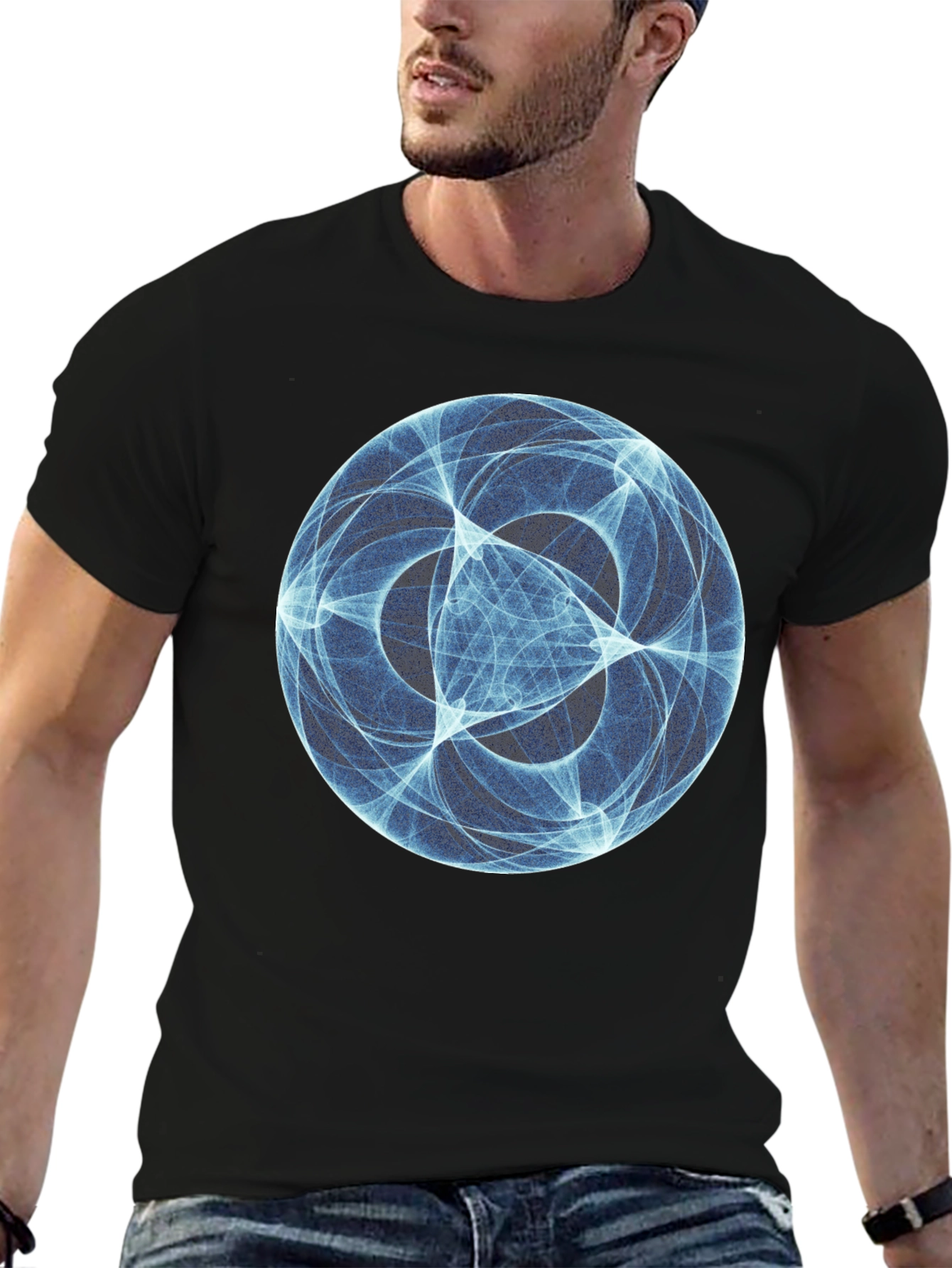 Abstract Blue Orb Graphic Black T-Shirt