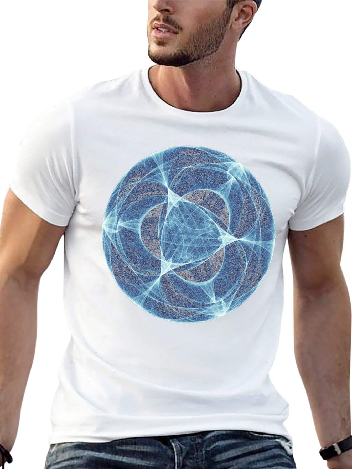 Abstract Blue Orb Graphic Black T-Shirt