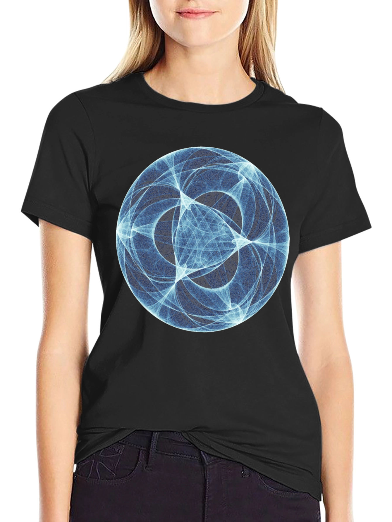 Abstract Blue Orb Graphic Black T-Shirt