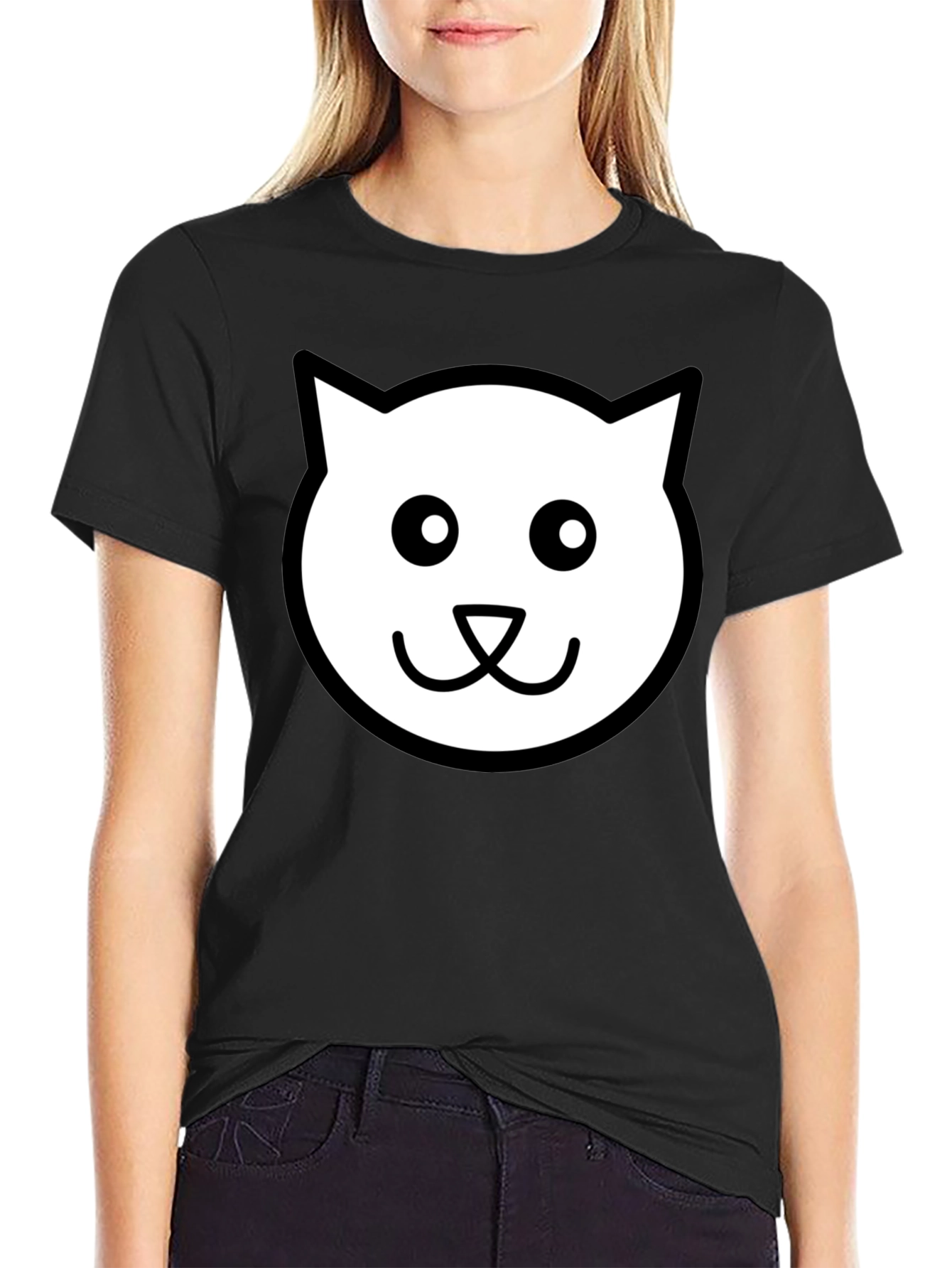 Cute Cat Face Graphic Black T-Shirt