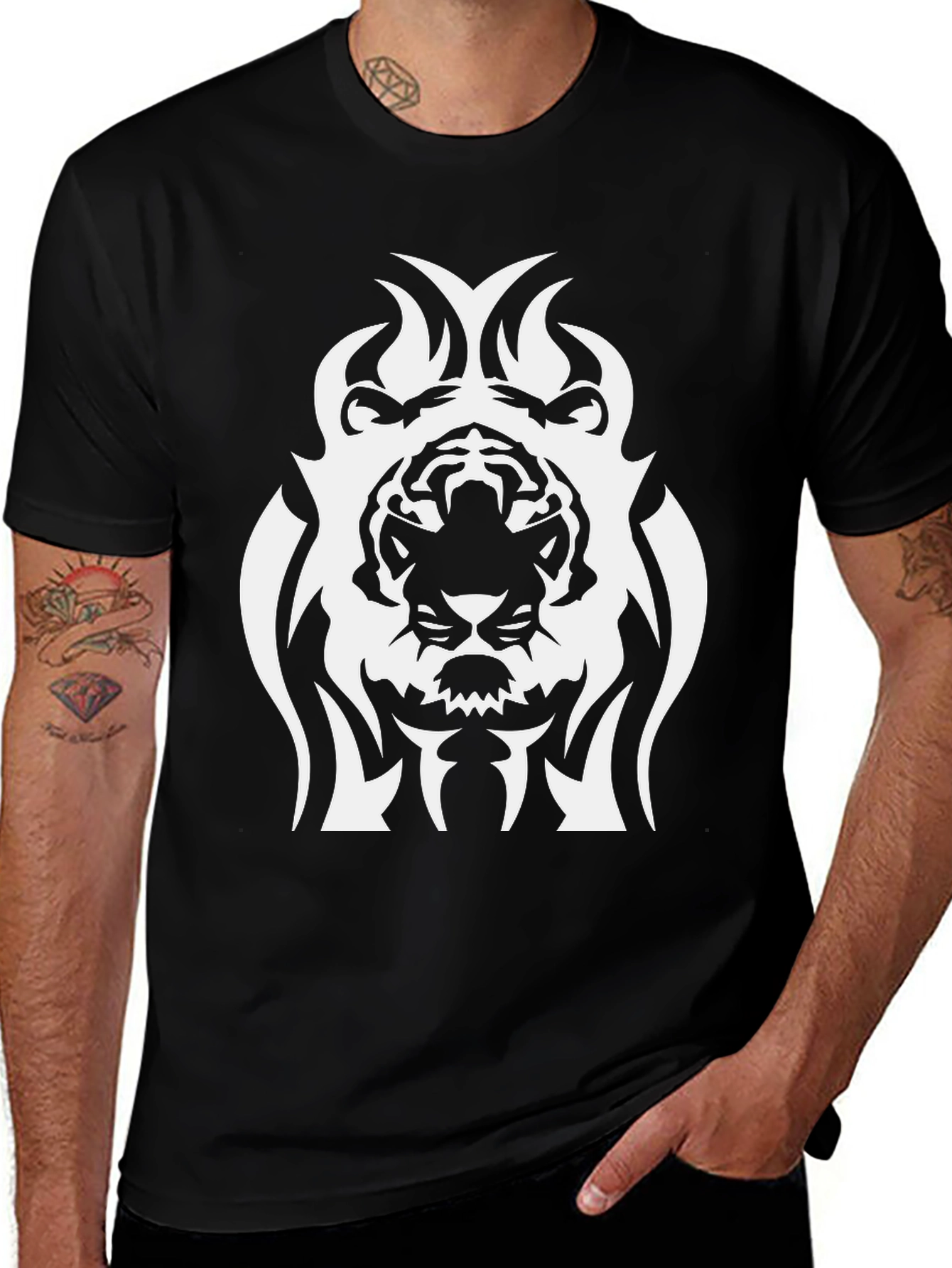 Tribal Tiger Graphic Tee - Black Cotton