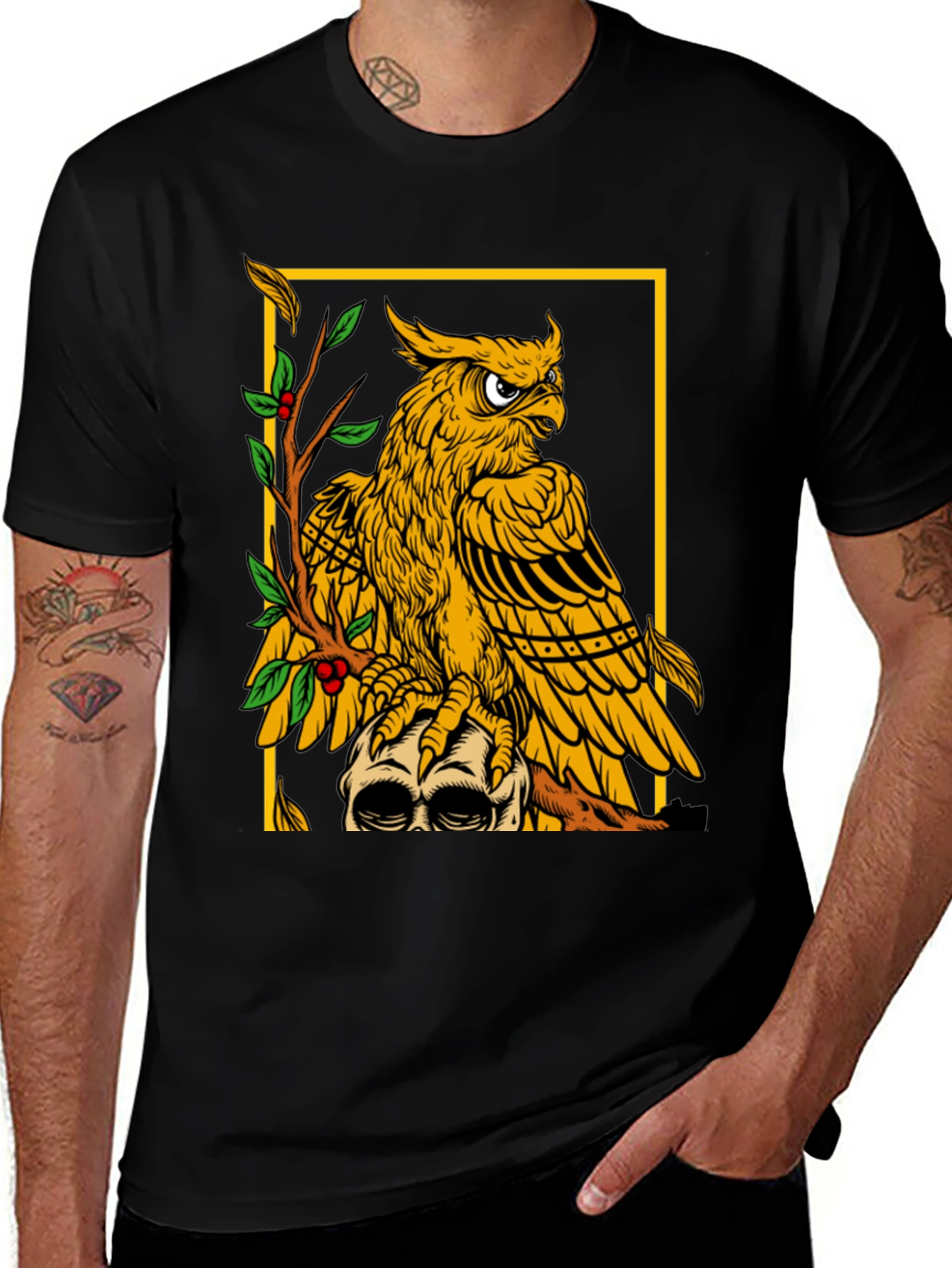 Owl & Skull Graphic T-Shirt - Black