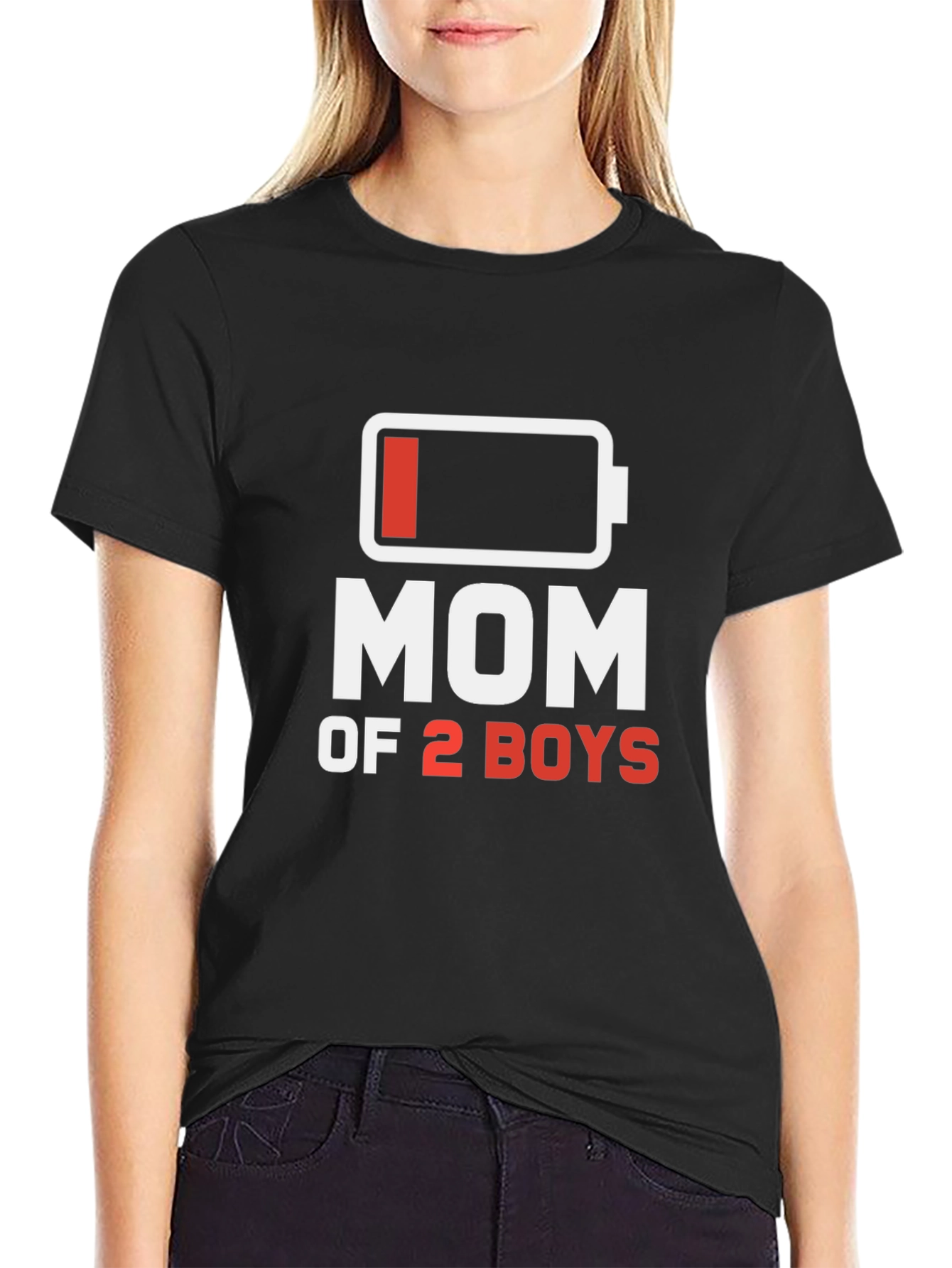 Mom of 2 Boys Low Battery T-Shirt - Black