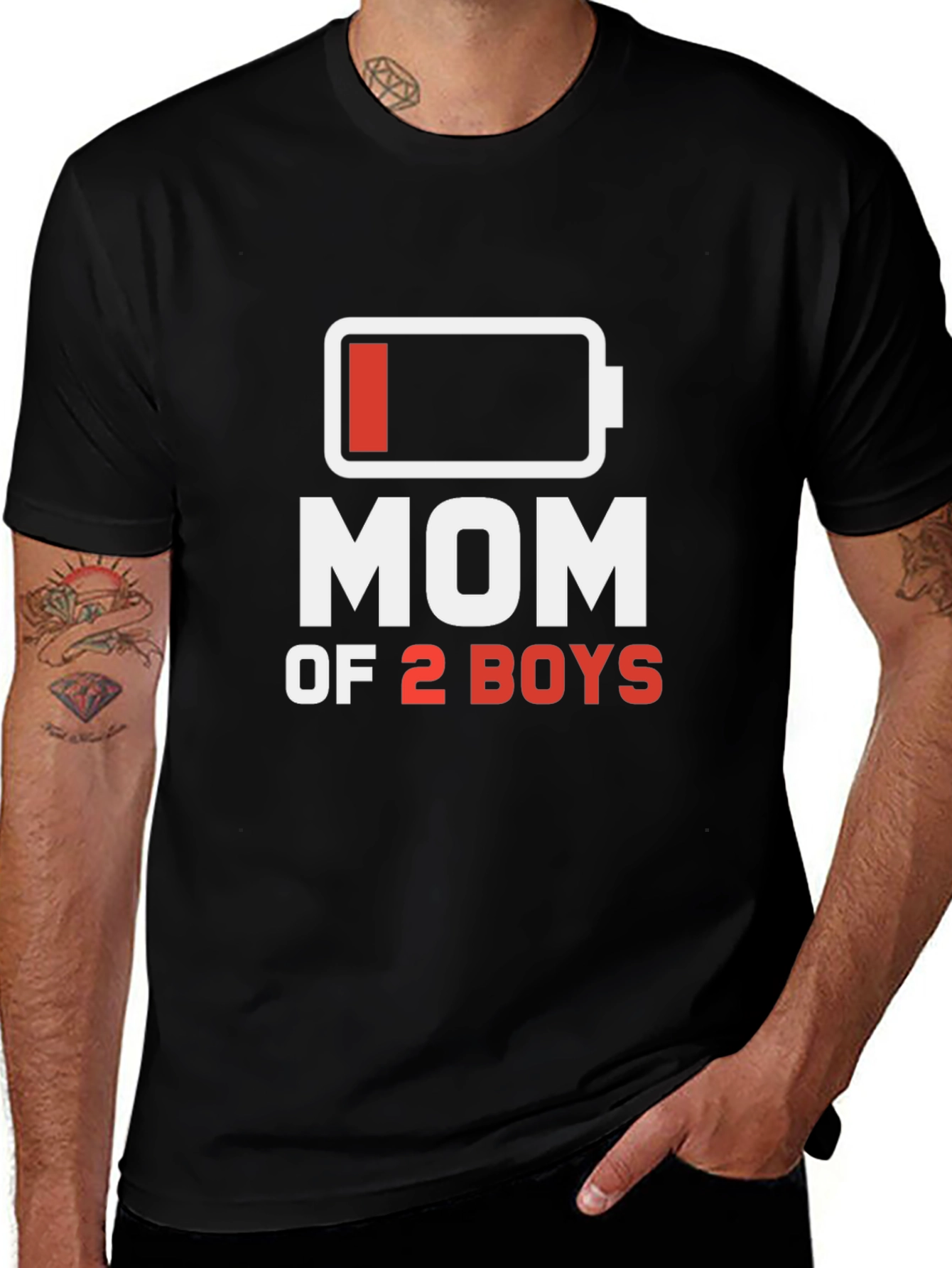 Mom of 2 Boys Low Battery T-Shirt - Black