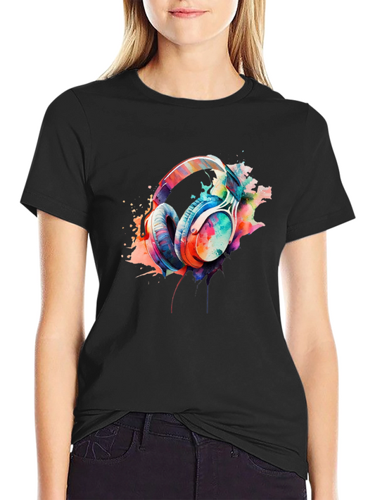 Vibrant Watercolor Headphones Graphic Tee - Music Lovers Shirt