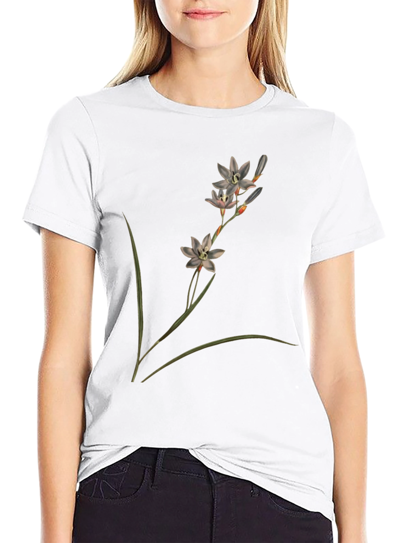 Botanical Flower Print Black T-Shirt