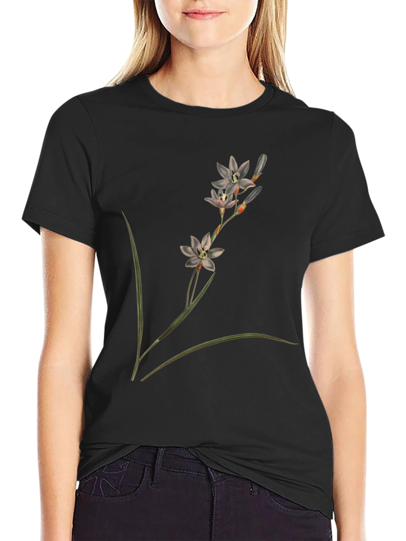 Botanical Flower Print Black T-Shirt