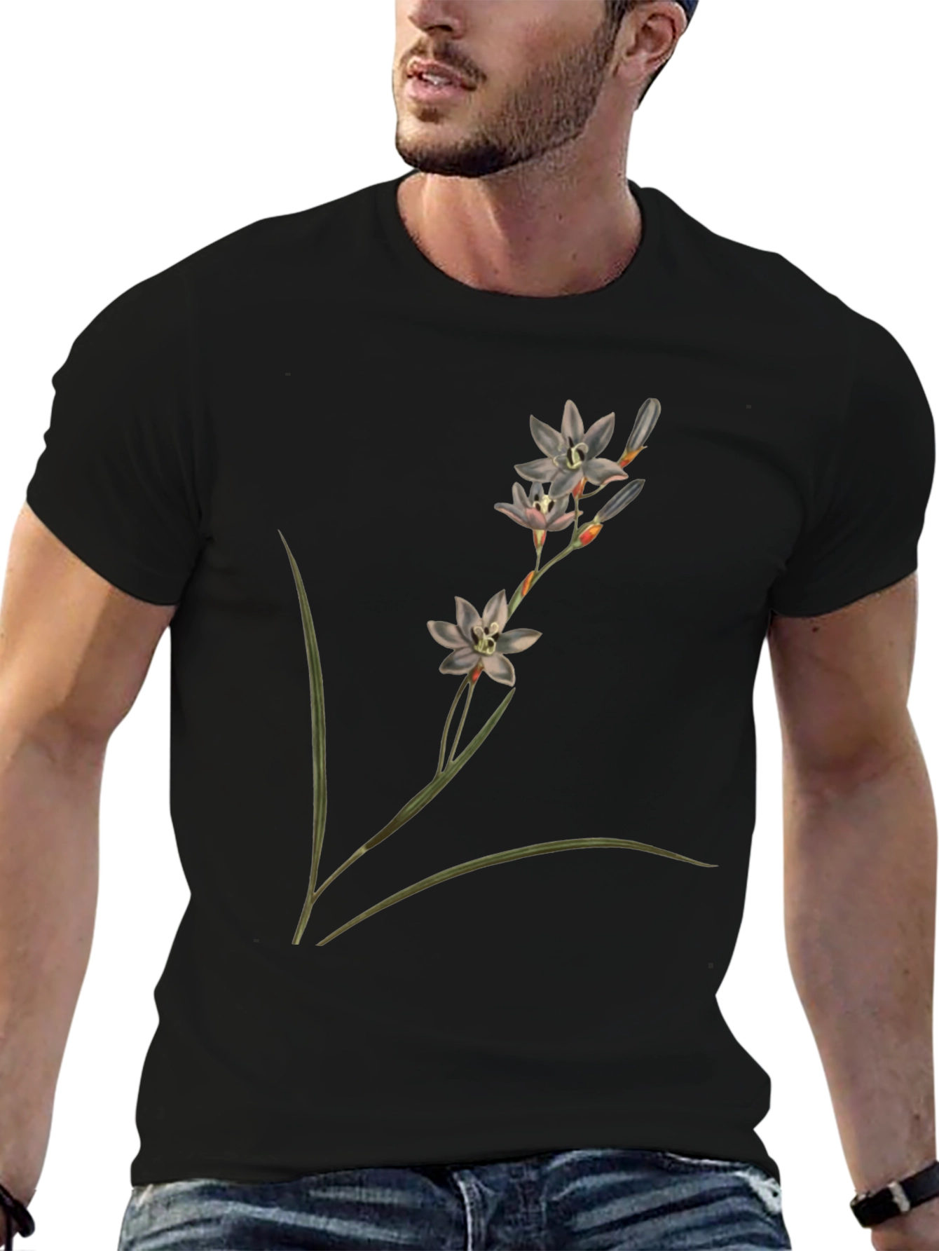 Botanical Flower Print Black T-Shirt