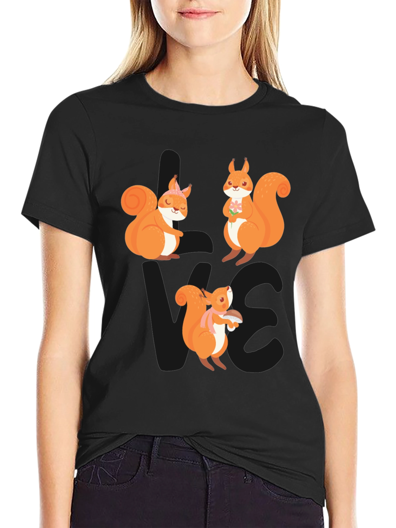 Cute Squirrel Graphic T-Shirt - Black Casual Tee
