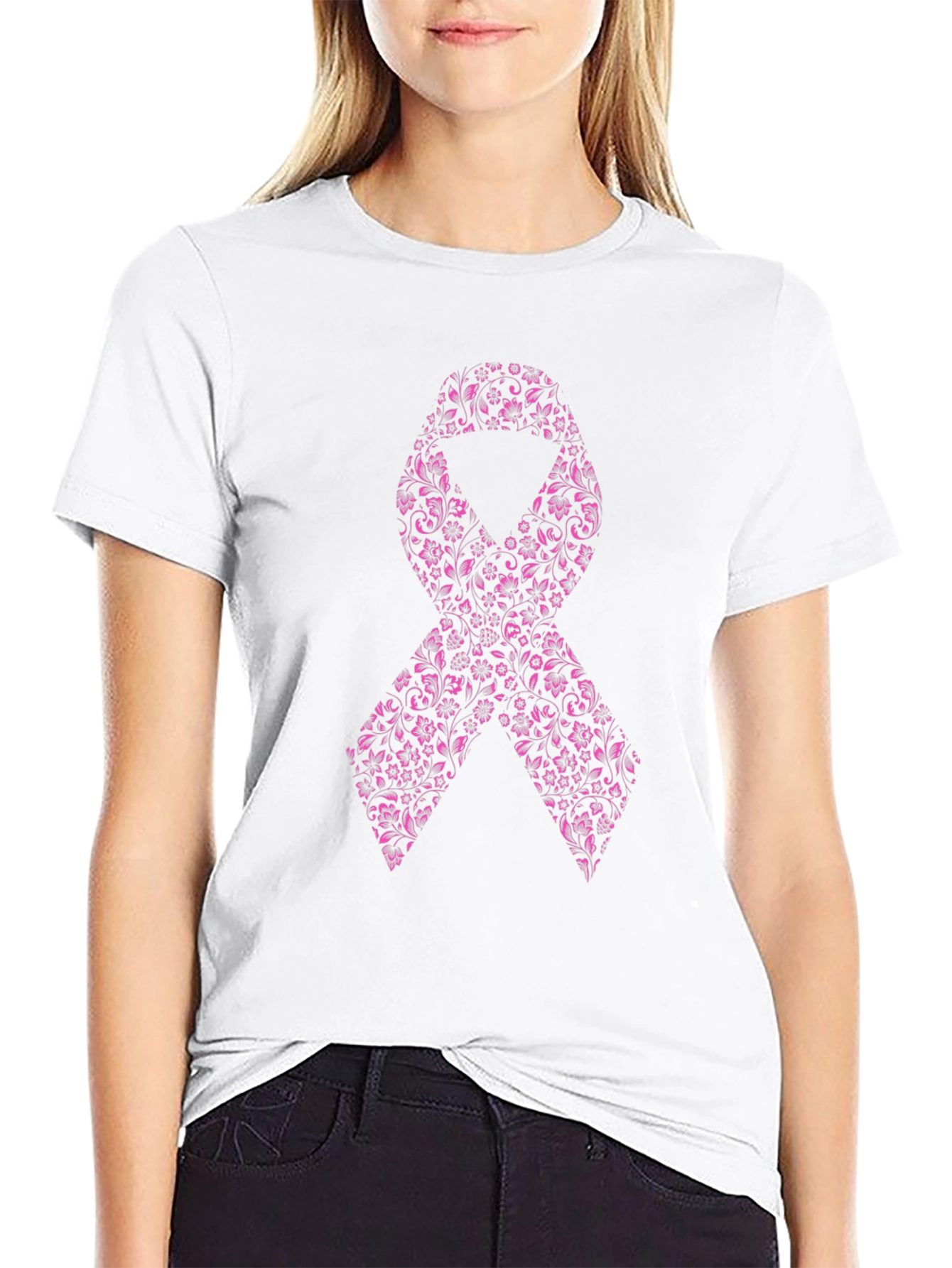 Floral Pink Ribbon Graphic Tee